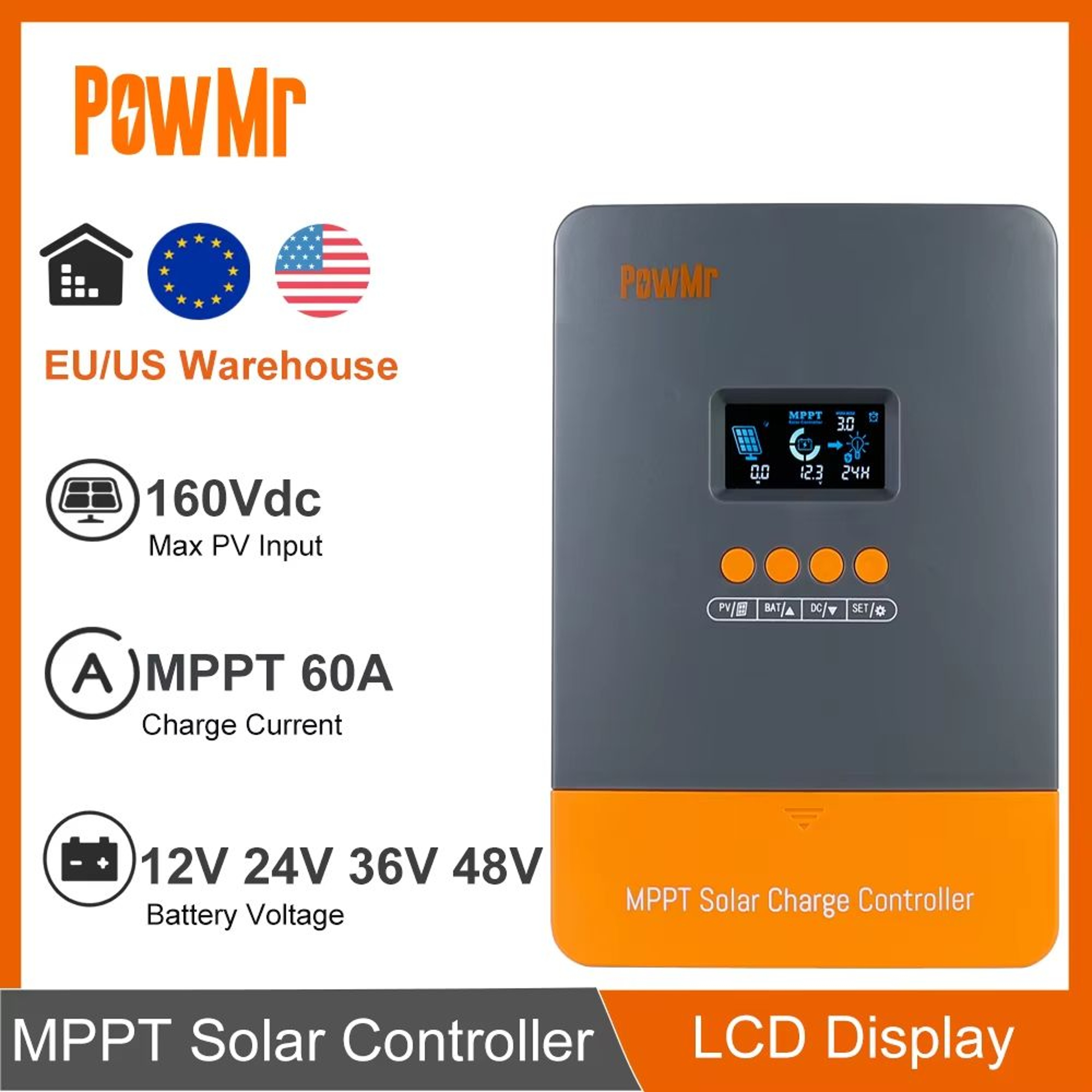 PowMr MPPT Solar Charge Controller  60A 12V24V36V48V Auto Regulator With LCD Display For Lithium Ba 0