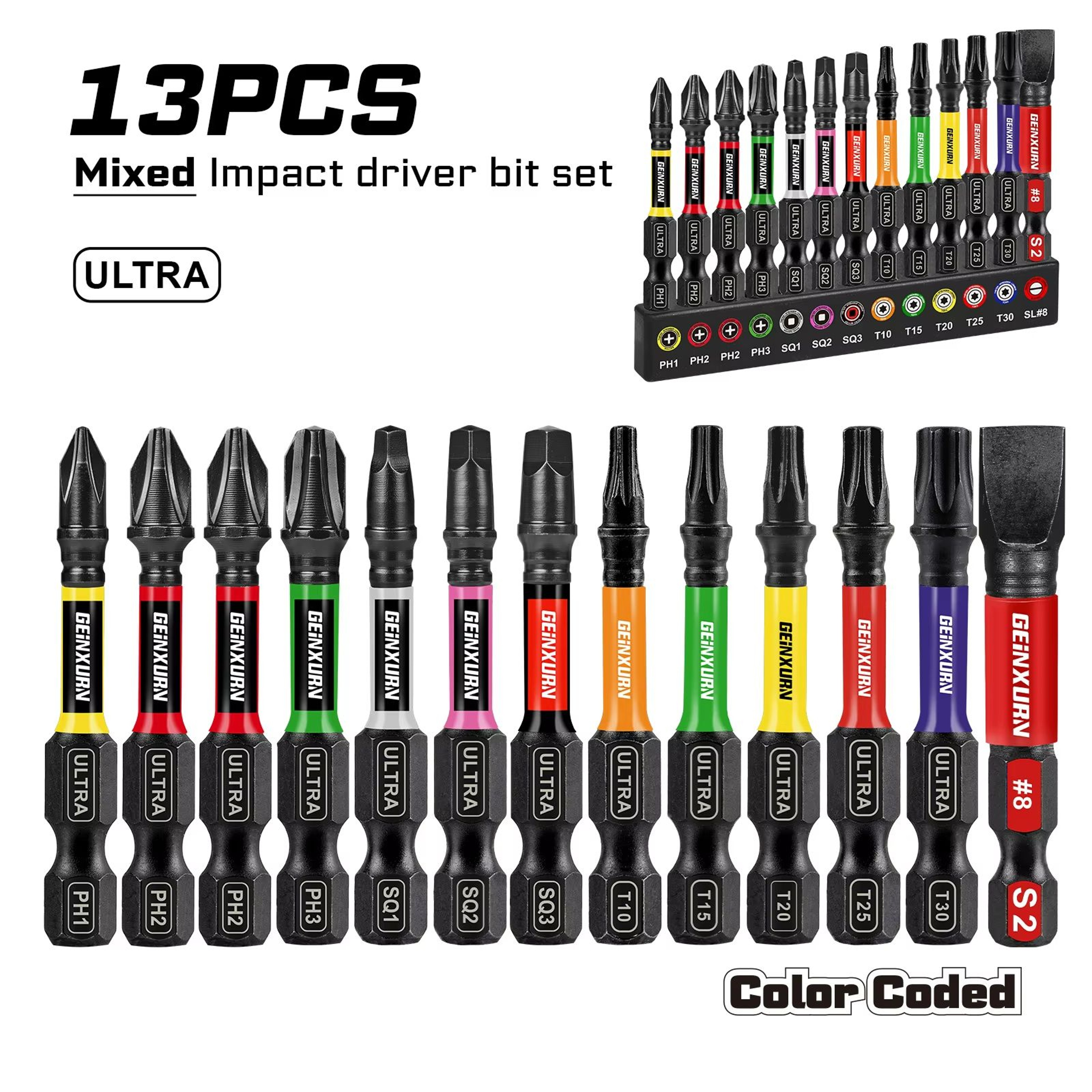 Geinxurn 13Piece Magnetic Screwdriver Bits Set  S2 Steel Impact Driver Bits With ColorCoded Base 6