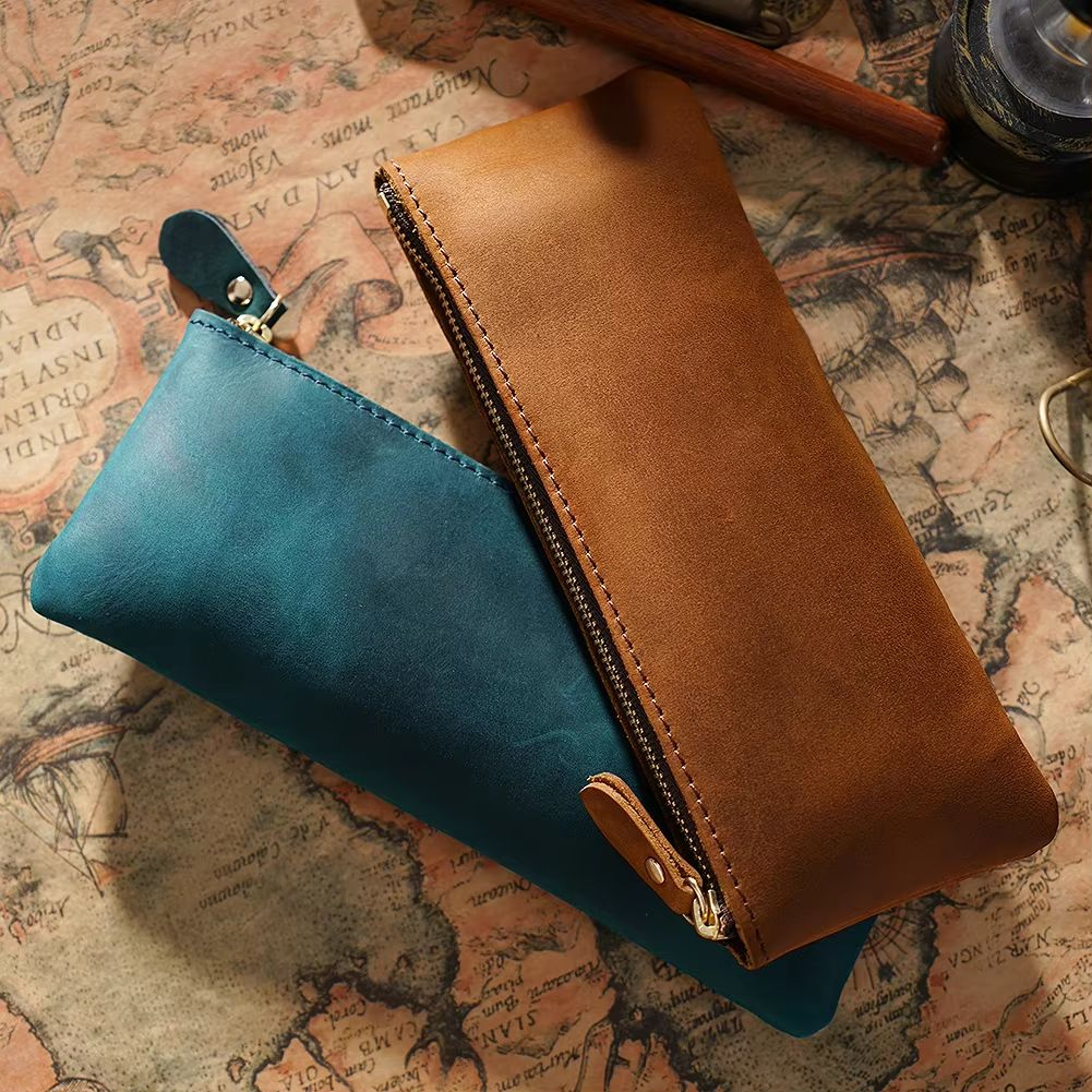 Vintage Genuine Leather Pencil Case  Handmade Large Capacity Zipper Organizer Bag With Patriotic Co 0