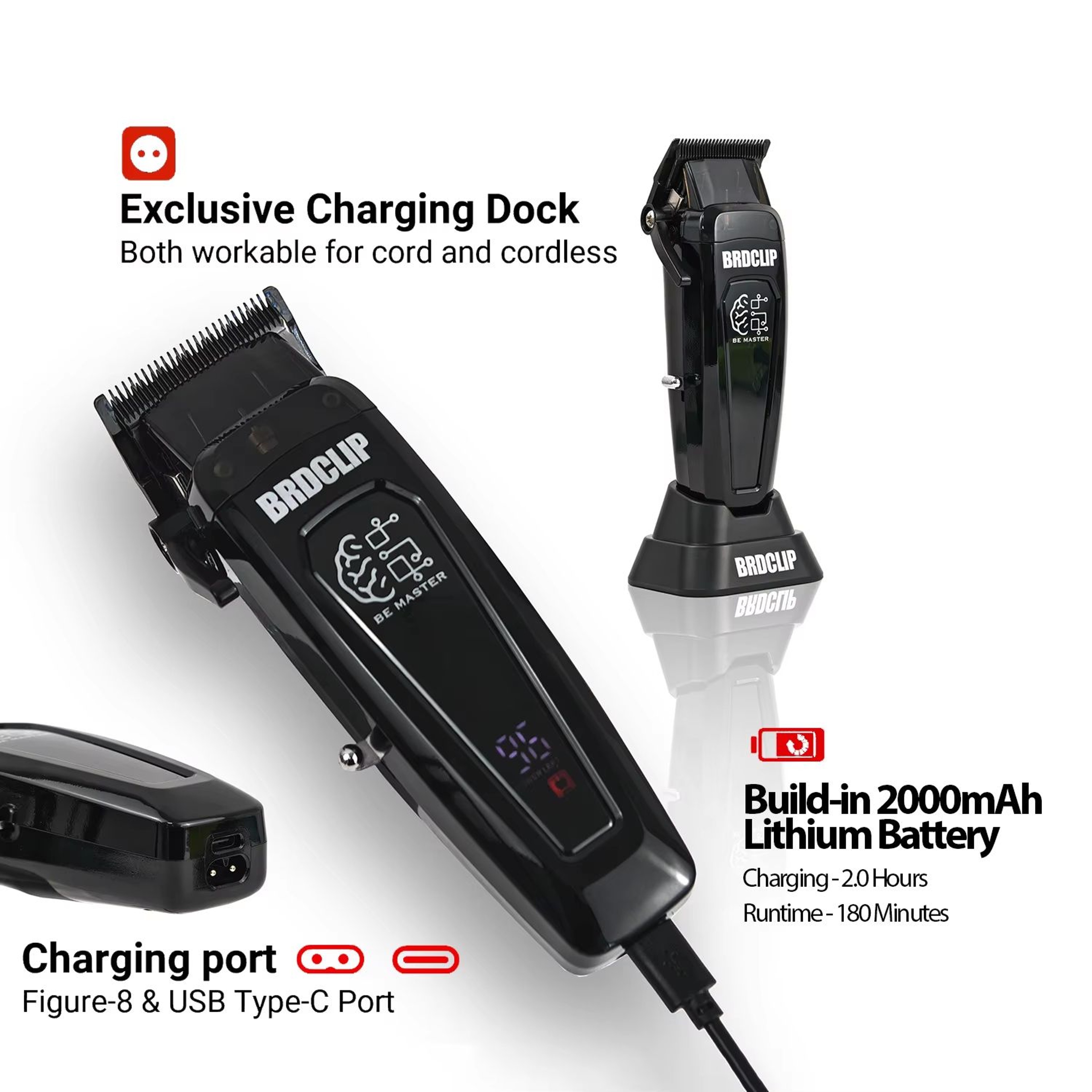 BRDCLIP BRD106 Professional Mens Hair Clipper 7500RPM Cordless Trimmer With Charging Base And DLC B 2