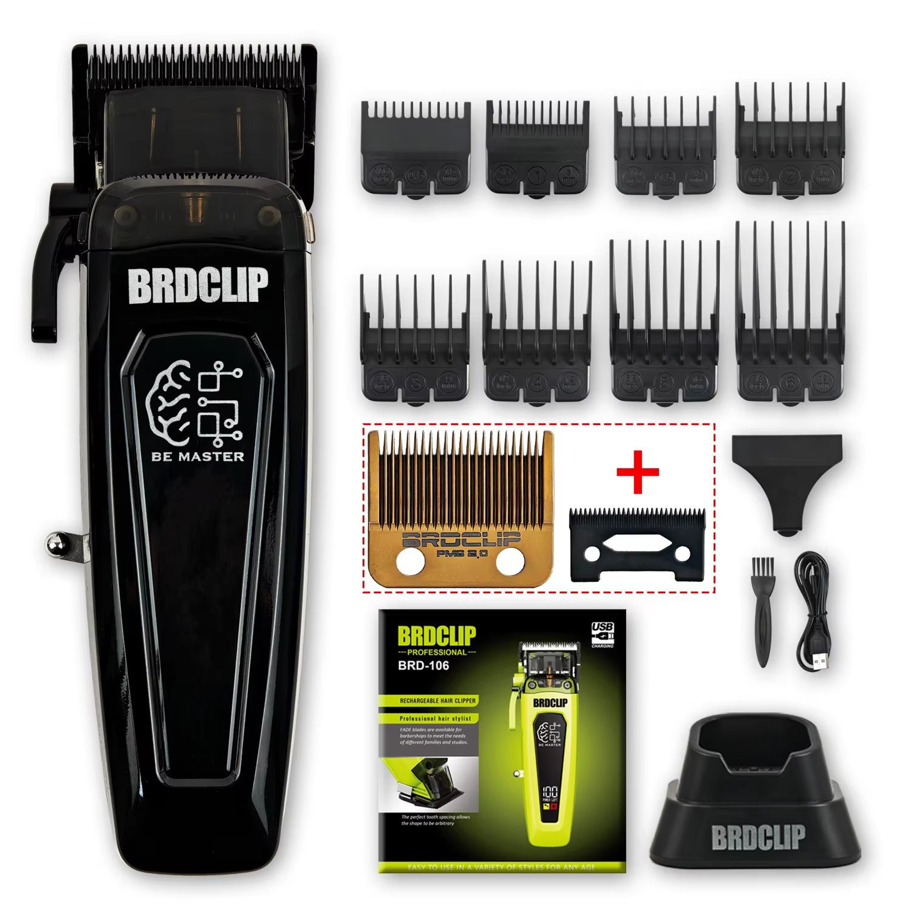 BRDCLIP BRD106 Professional Mens Hair Clipper 7500RPM Cordless Trimmer With Charging Base And DLC B 8