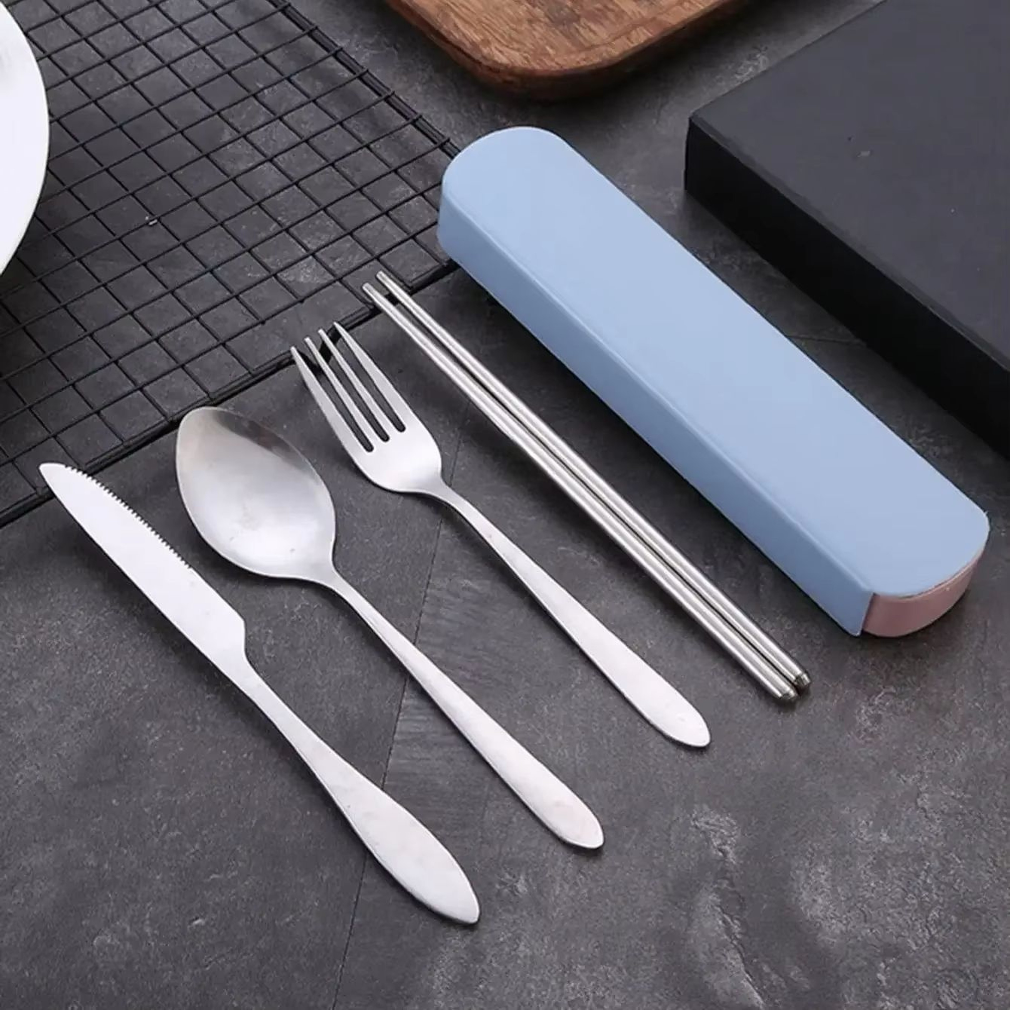TravelMate 4Piece Stainless Steel Cutlery Set  Portable Spoon Fork Knife  Chopsticks With Storage C 1