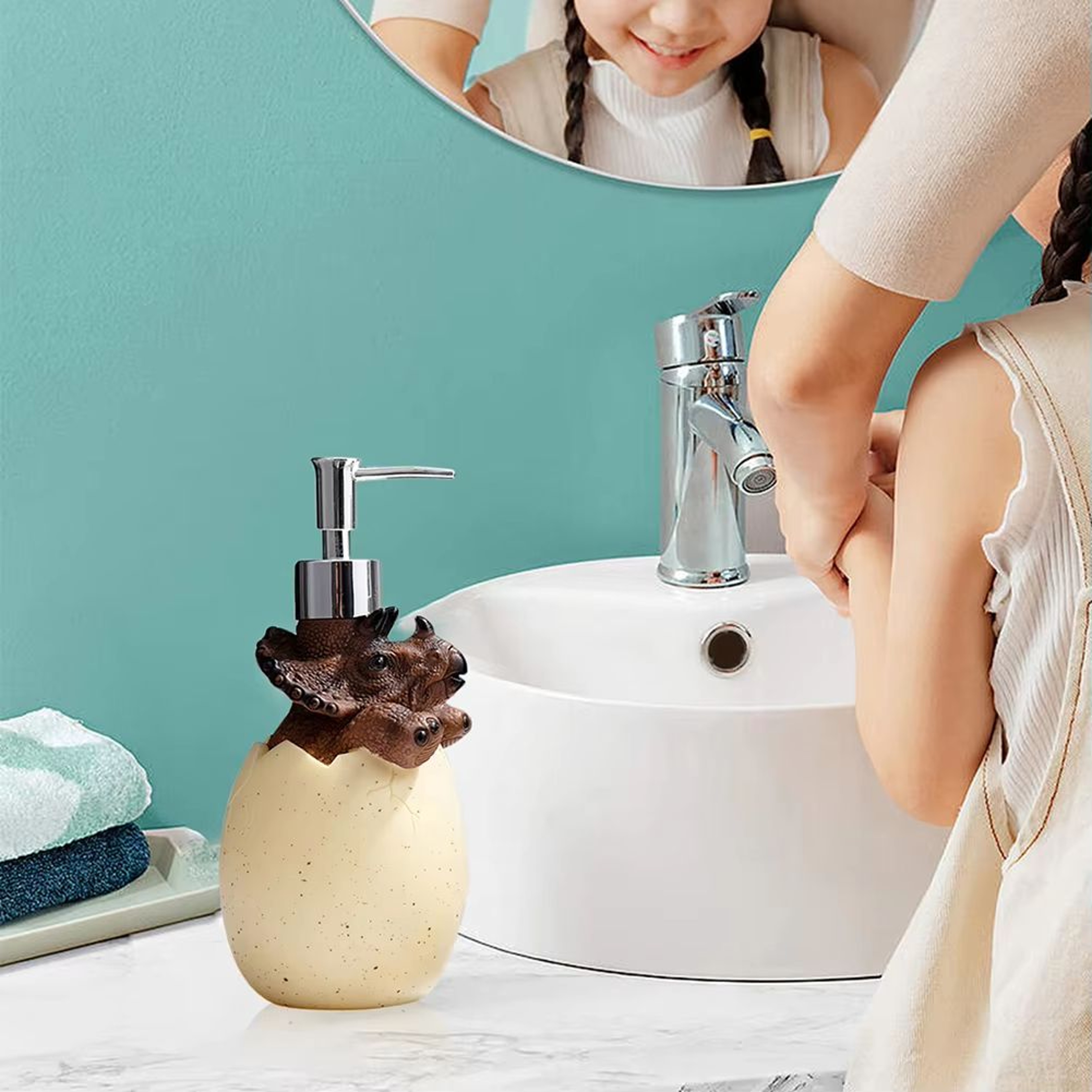 Cute Dinosaur Reusable Liquid Soap Dispenser With Leak Proof Pump For Bathroom And Vanity Use 3