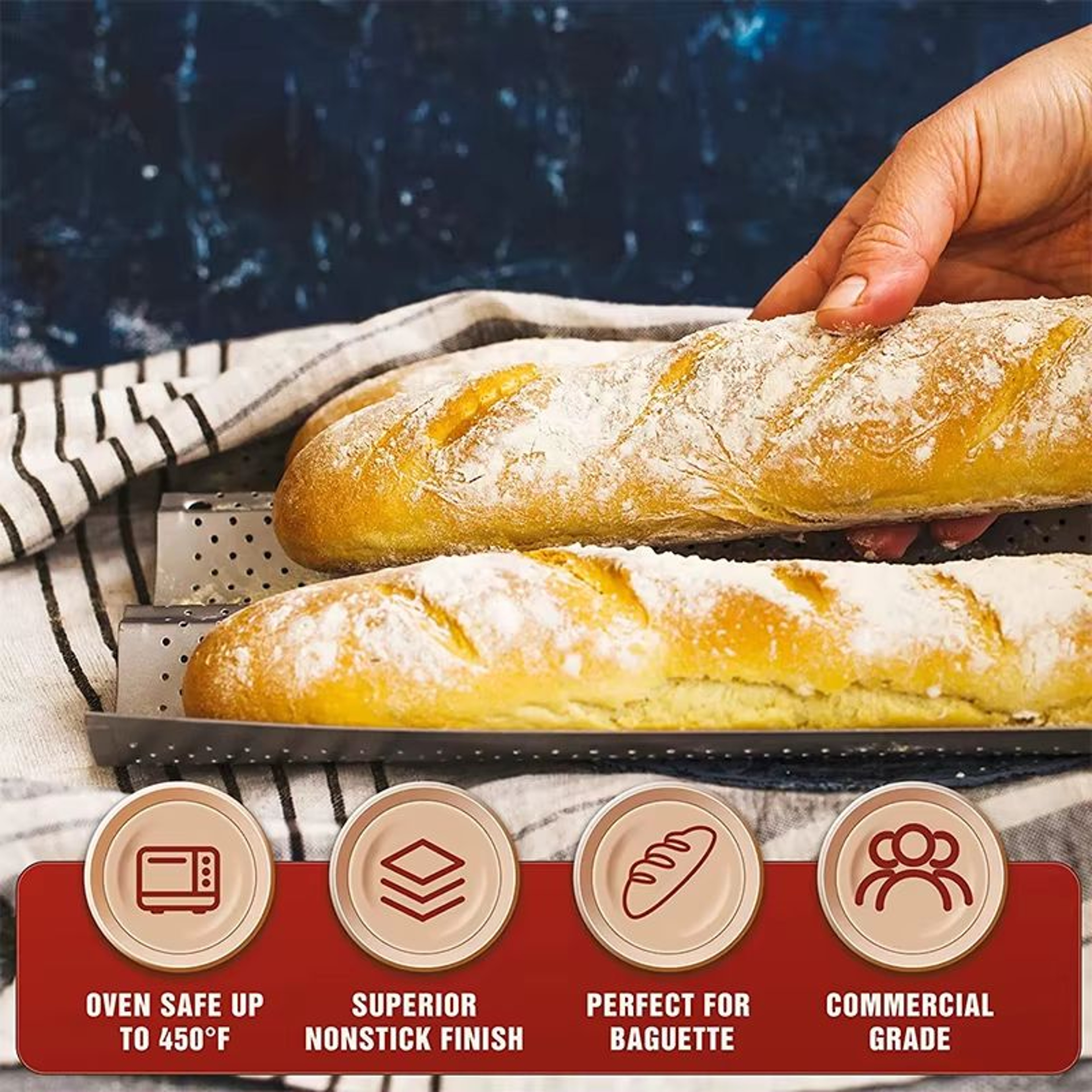 LMETJMA Nonstick Perforated French Bread Baking Pan For Four Baguette Loaves 2