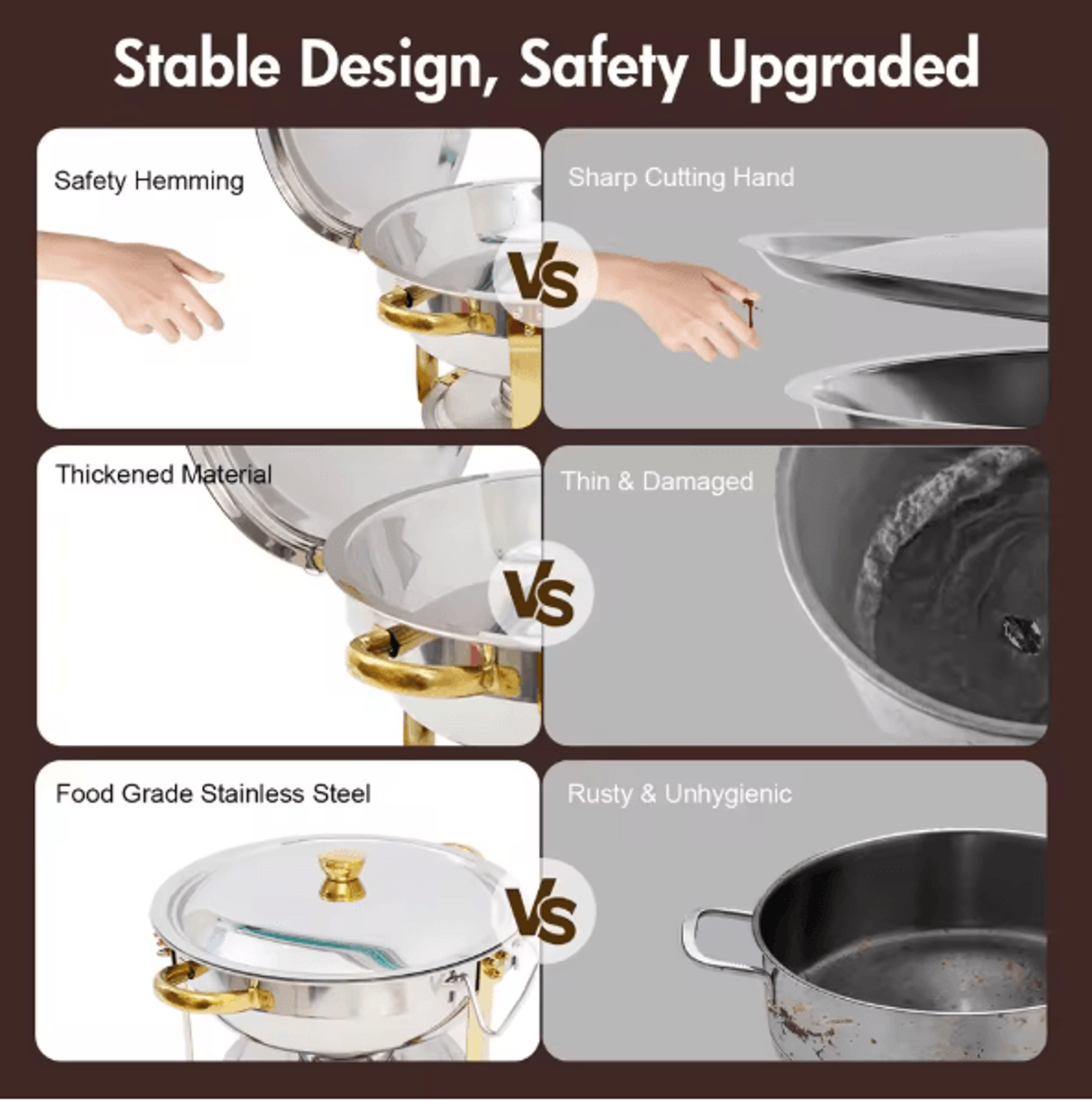 5 Qt Round Stainless Steel Buffet Warmer Chafing Dish Set With Half Gold Accent For Parties And Cat 1