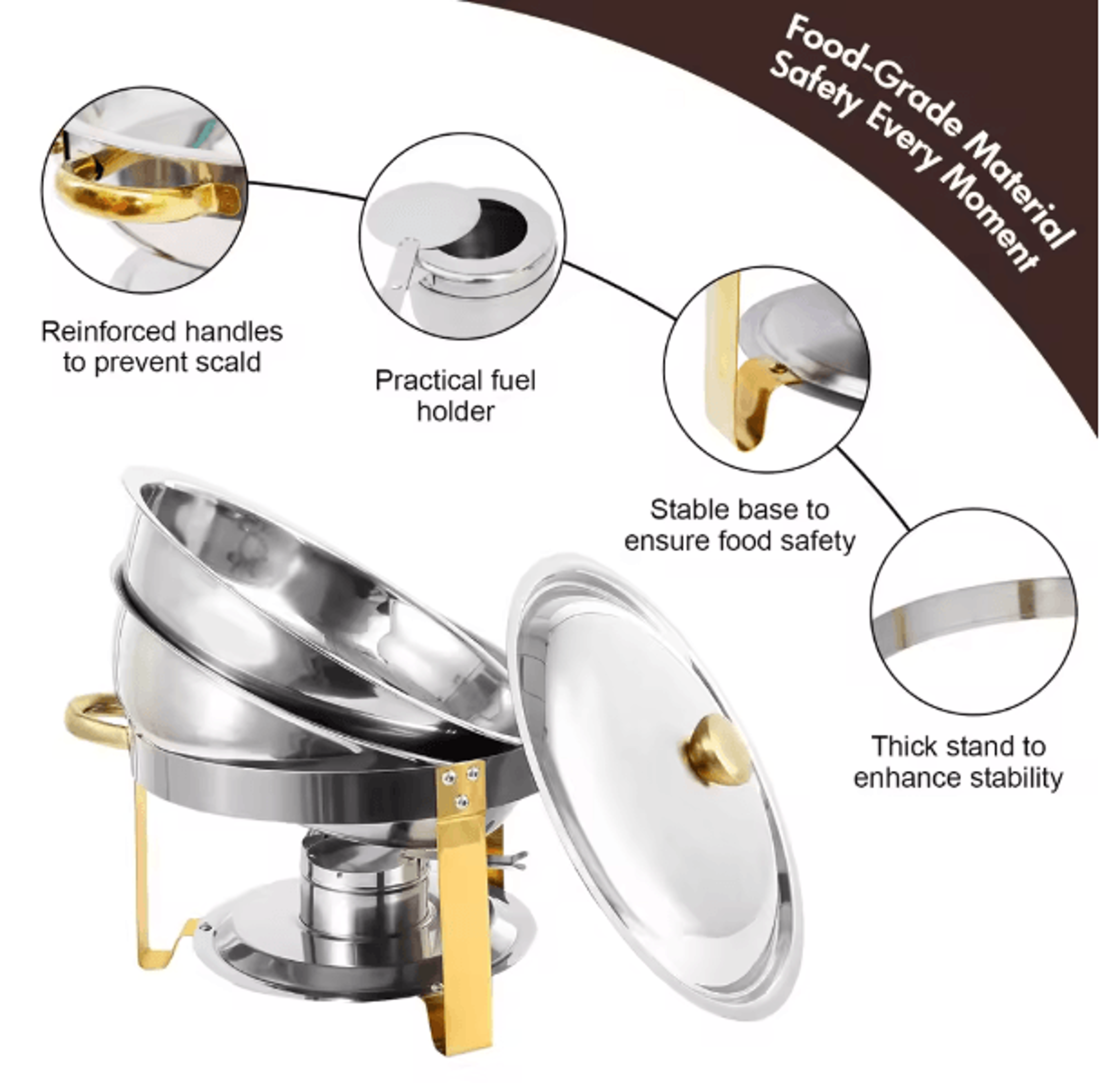 5 Qt Round Stainless Steel Buffet Warmer Chafing Dish Set With Half Gold Accent For Parties And Cat 2