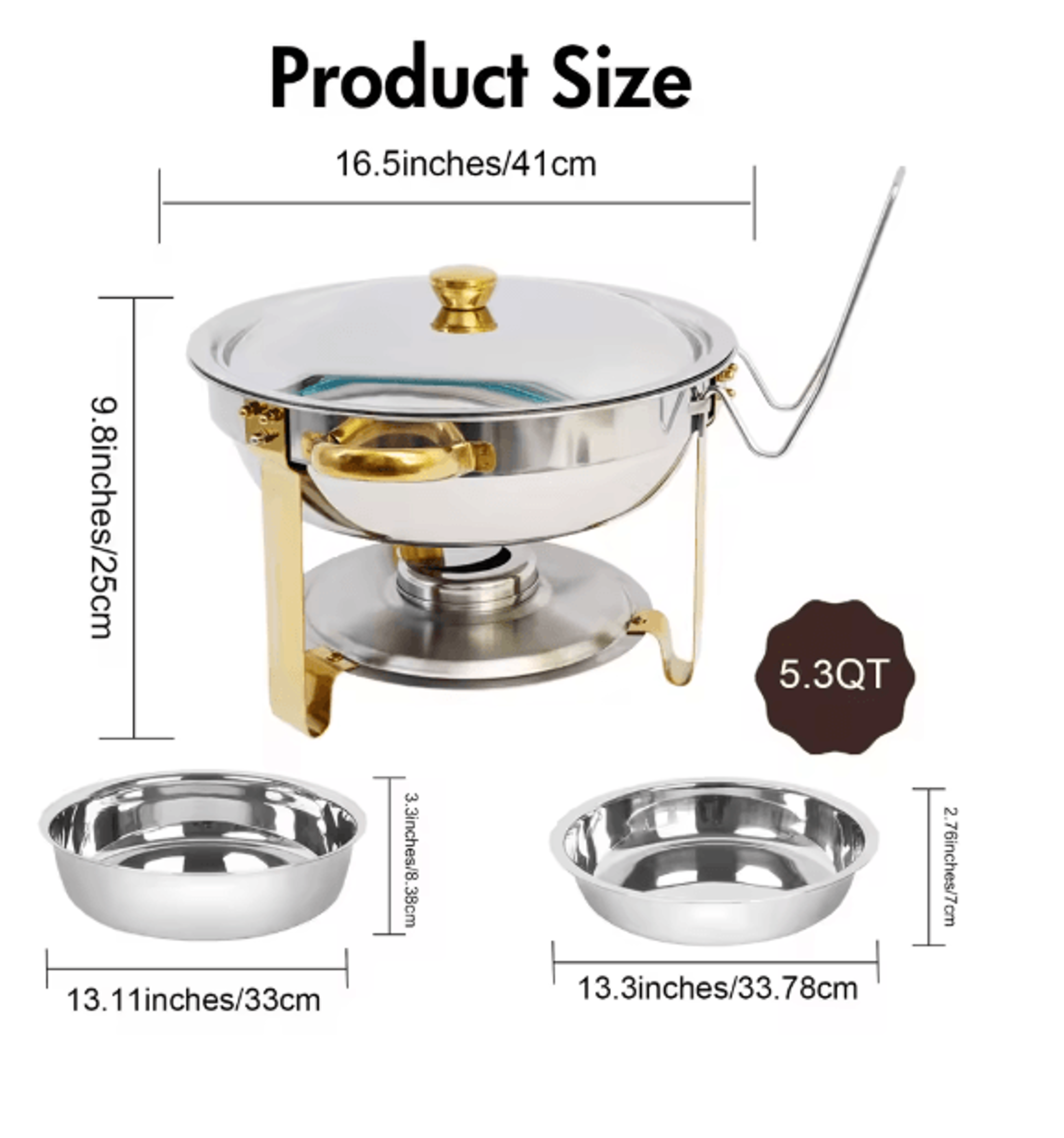5 Qt Round Stainless Steel Buffet Warmer Chafing Dish Set With Half Gold Accent For Parties And Cat 5