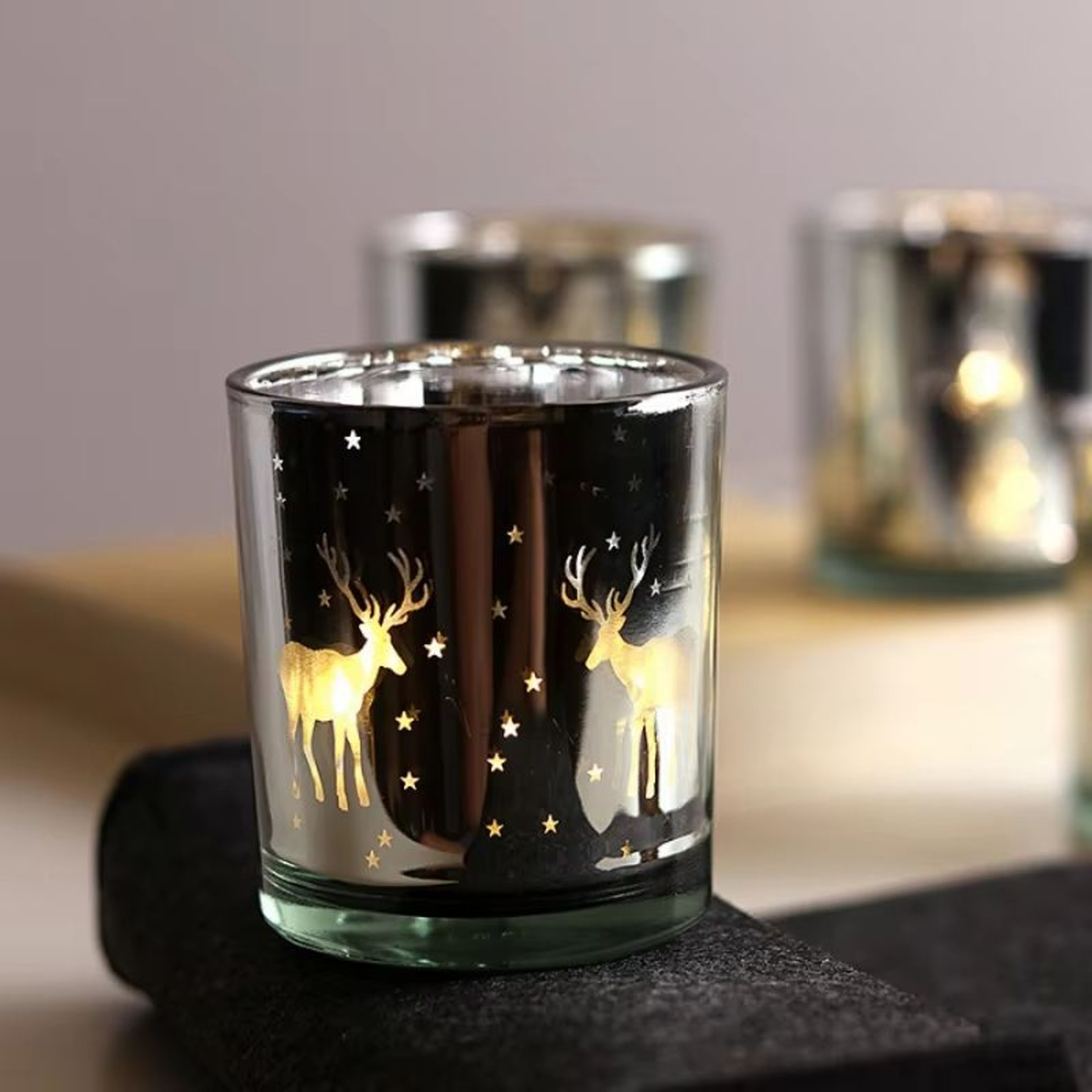 Mini Christmas Tree  Elk Glass Candle Holder  Festive Snowflake Candle Cup For Holiday Decor 4