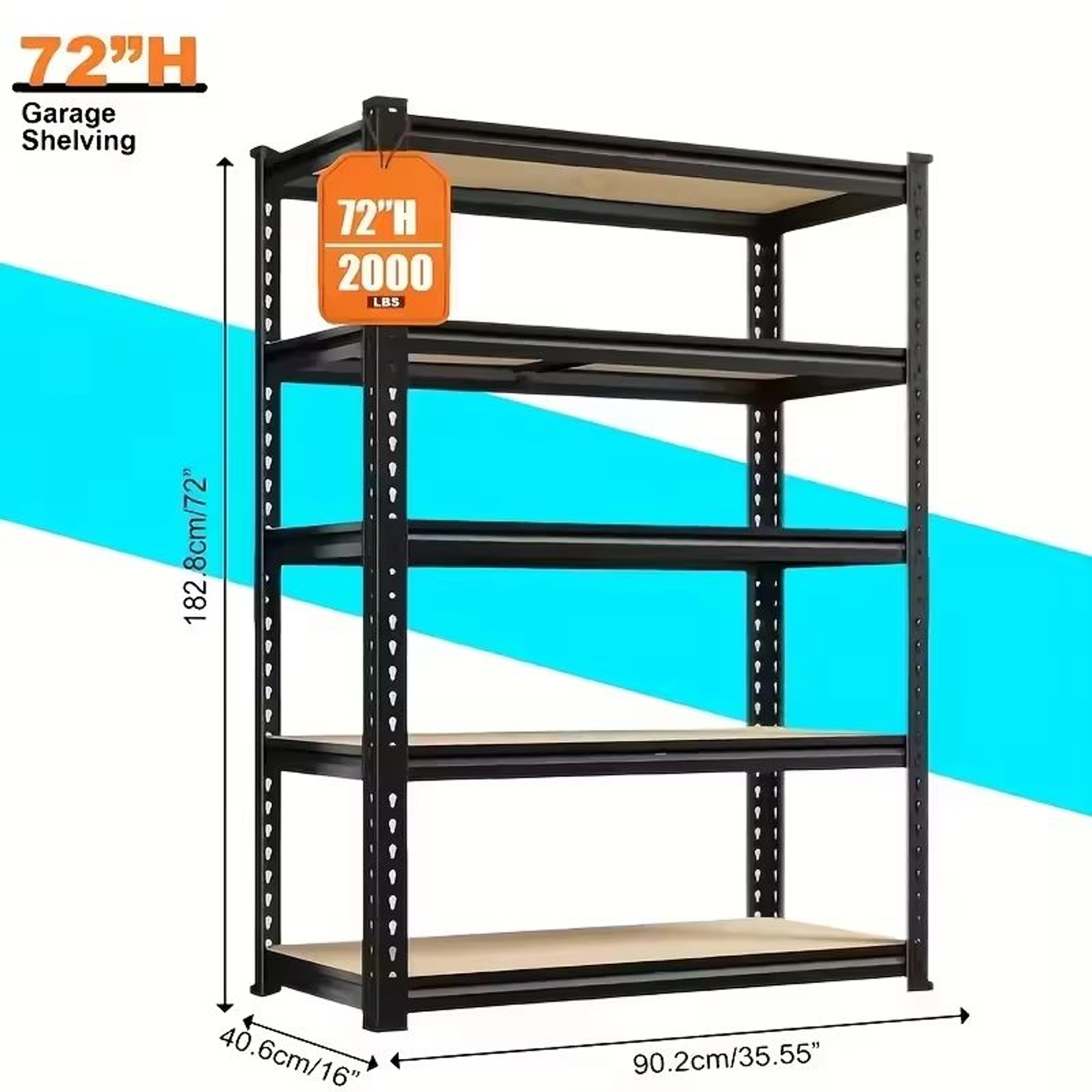 5 Tier Heavy Duty Shelving Unit 72x36x16in 2000lb Capacity Industrial Storage Rack In Matte Black 6