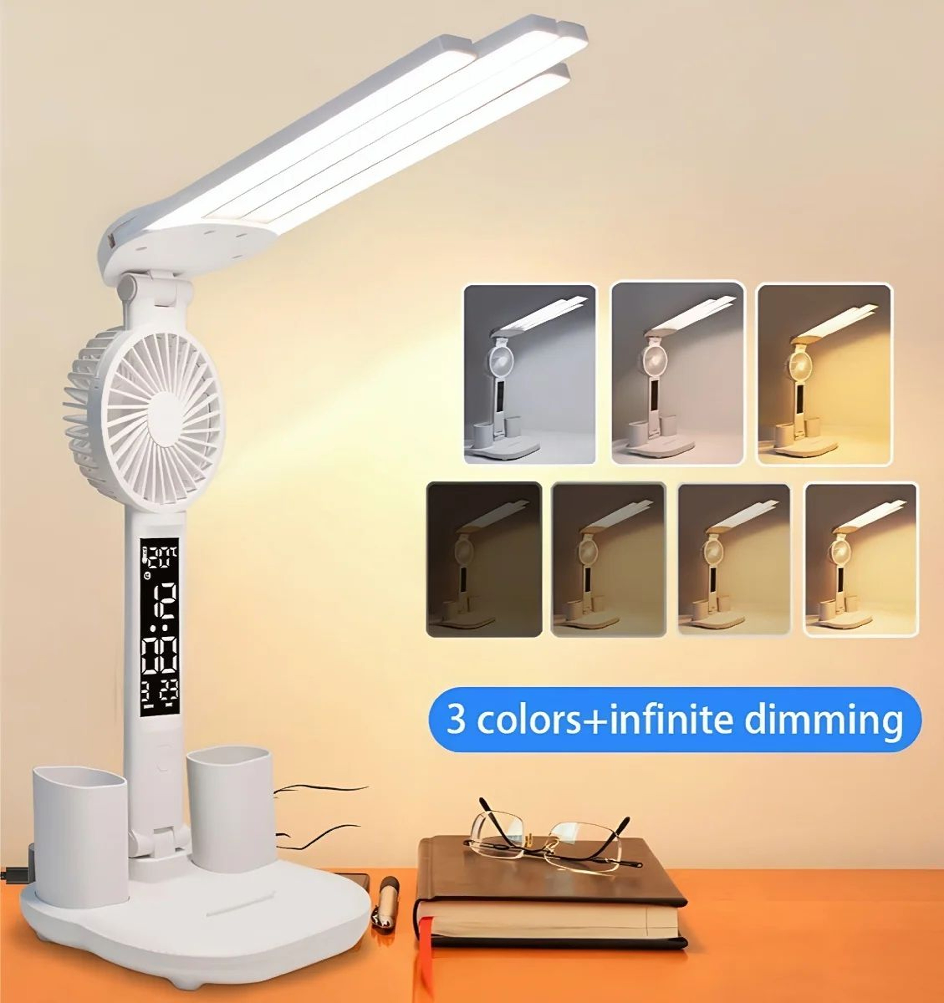 Multifunction USB Charging 3Color LED Desk Lamp With Fan And Clock 1