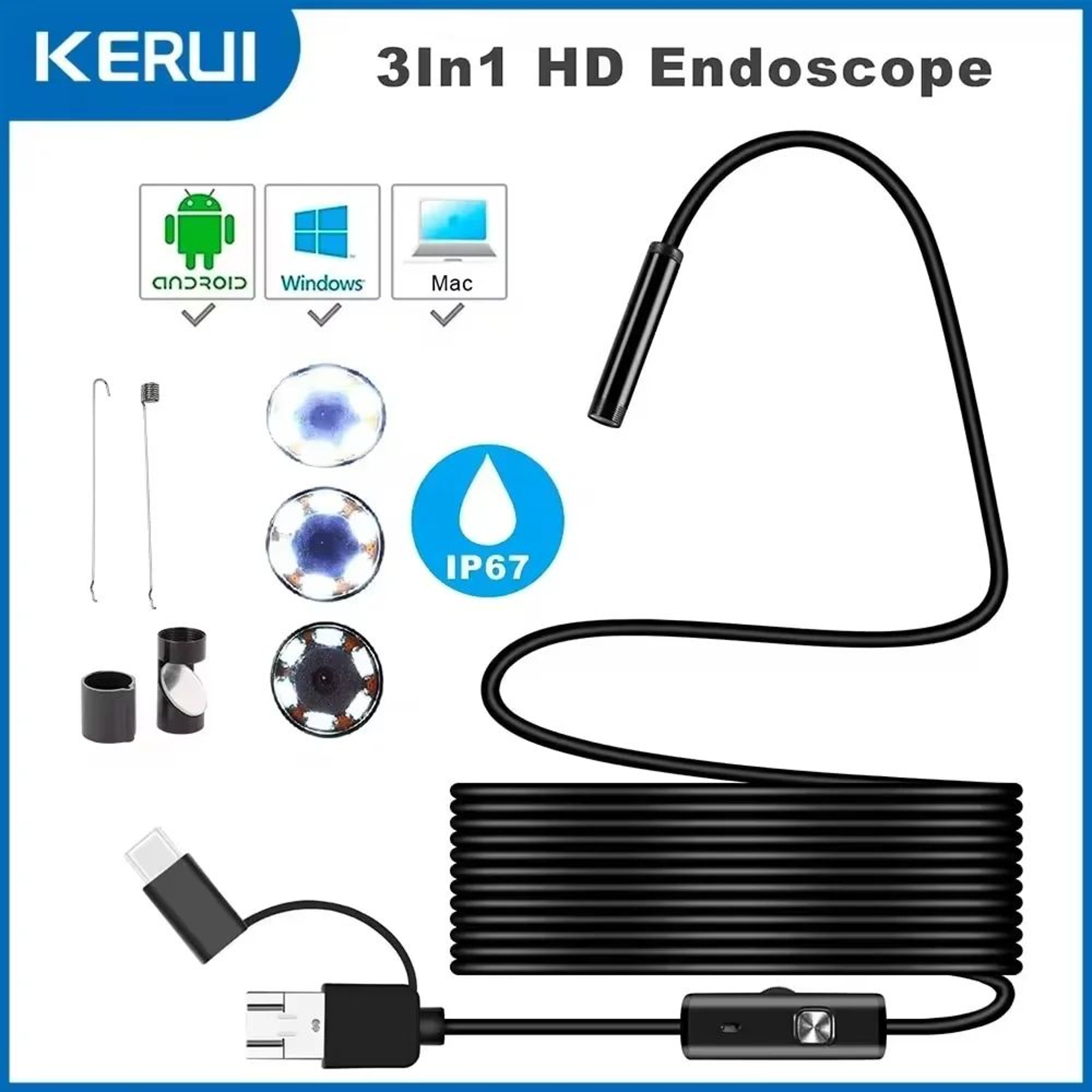 7 Mm 3in1 Android Endoscope Camera With USBTypeC Borescope And LED Lights 0