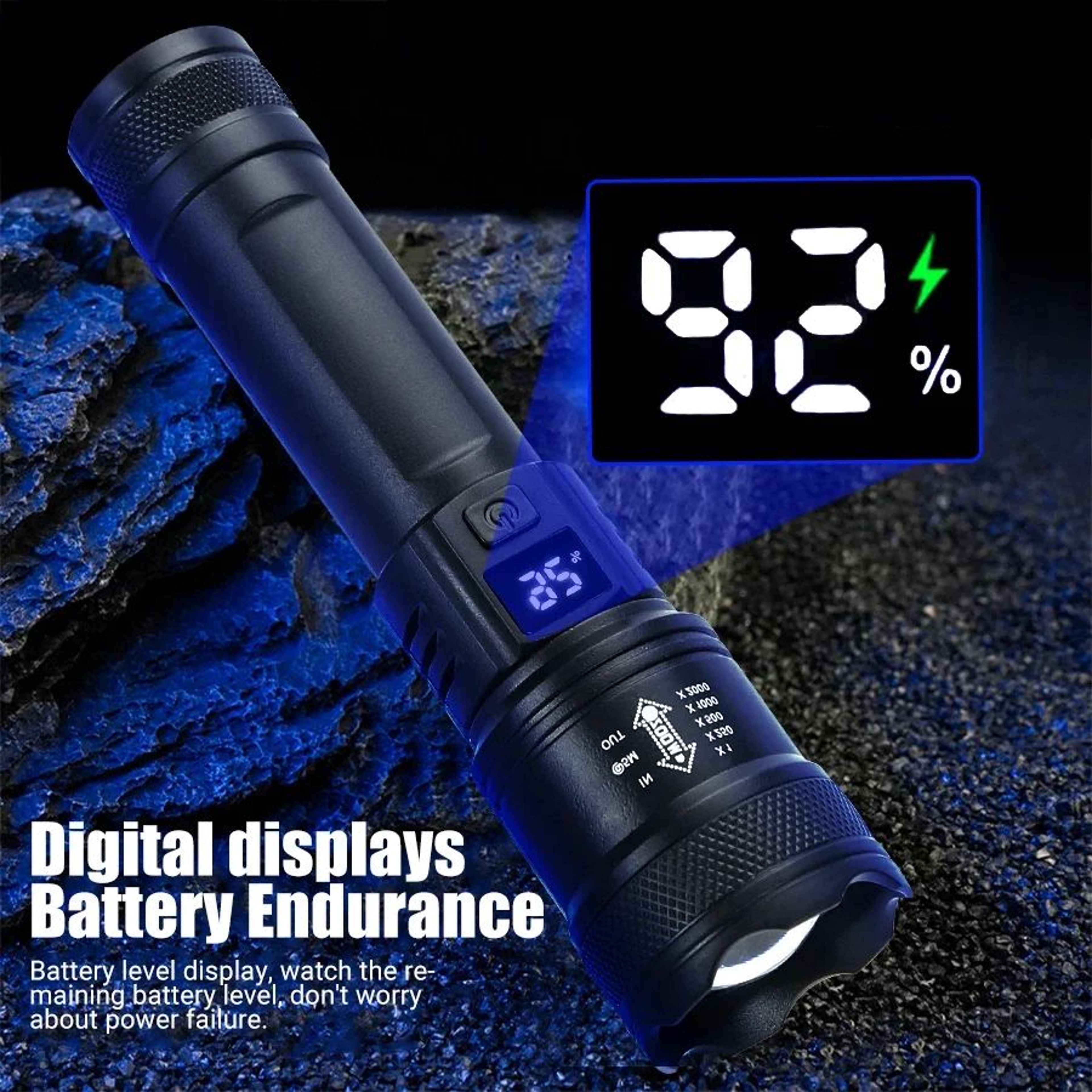 USB Rechargeable 2000LM Tactical LED Flashlight With Zoom And Display 4