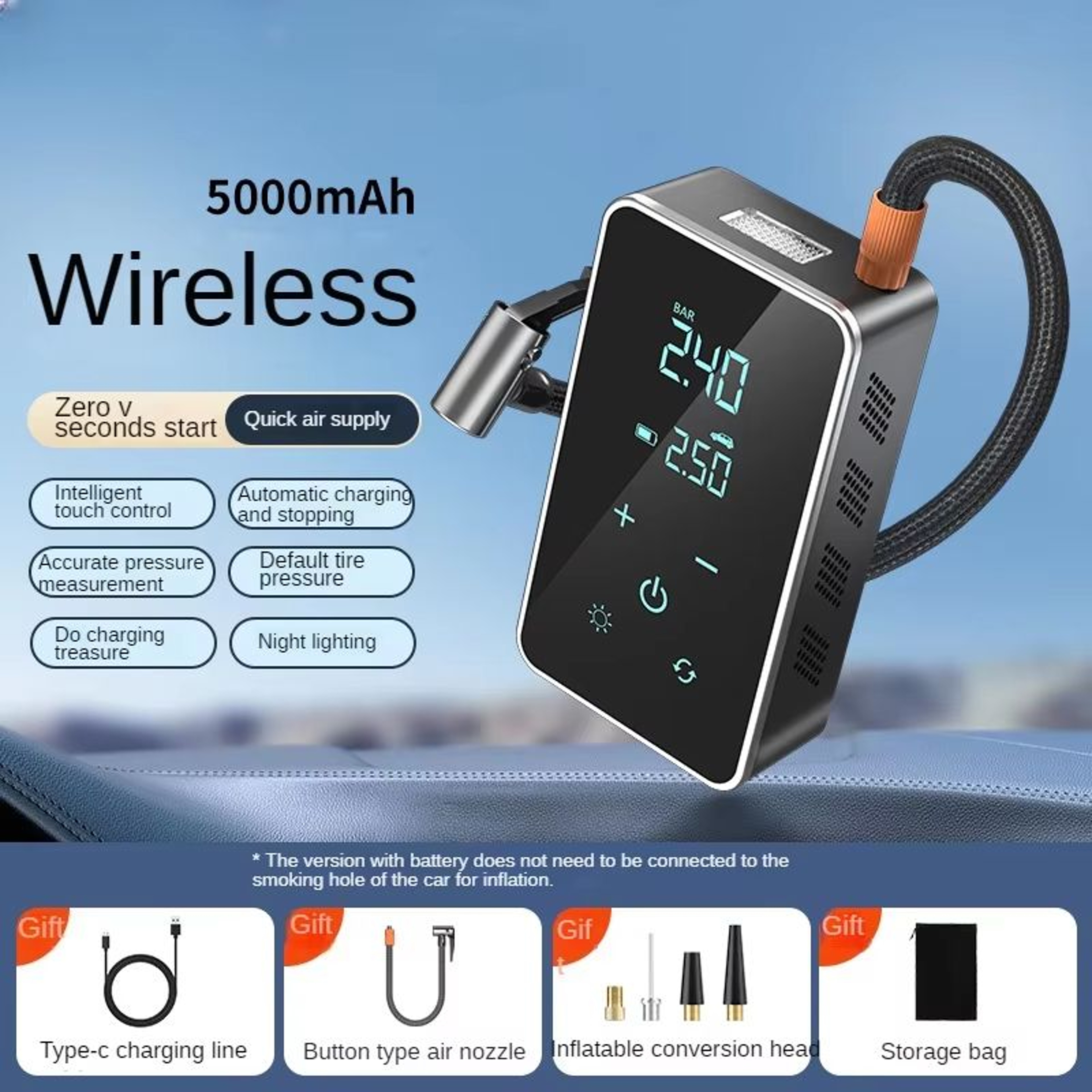 Wireless Portable 150 PSI Electric Tire Inflator Pump With Touch Screen 6