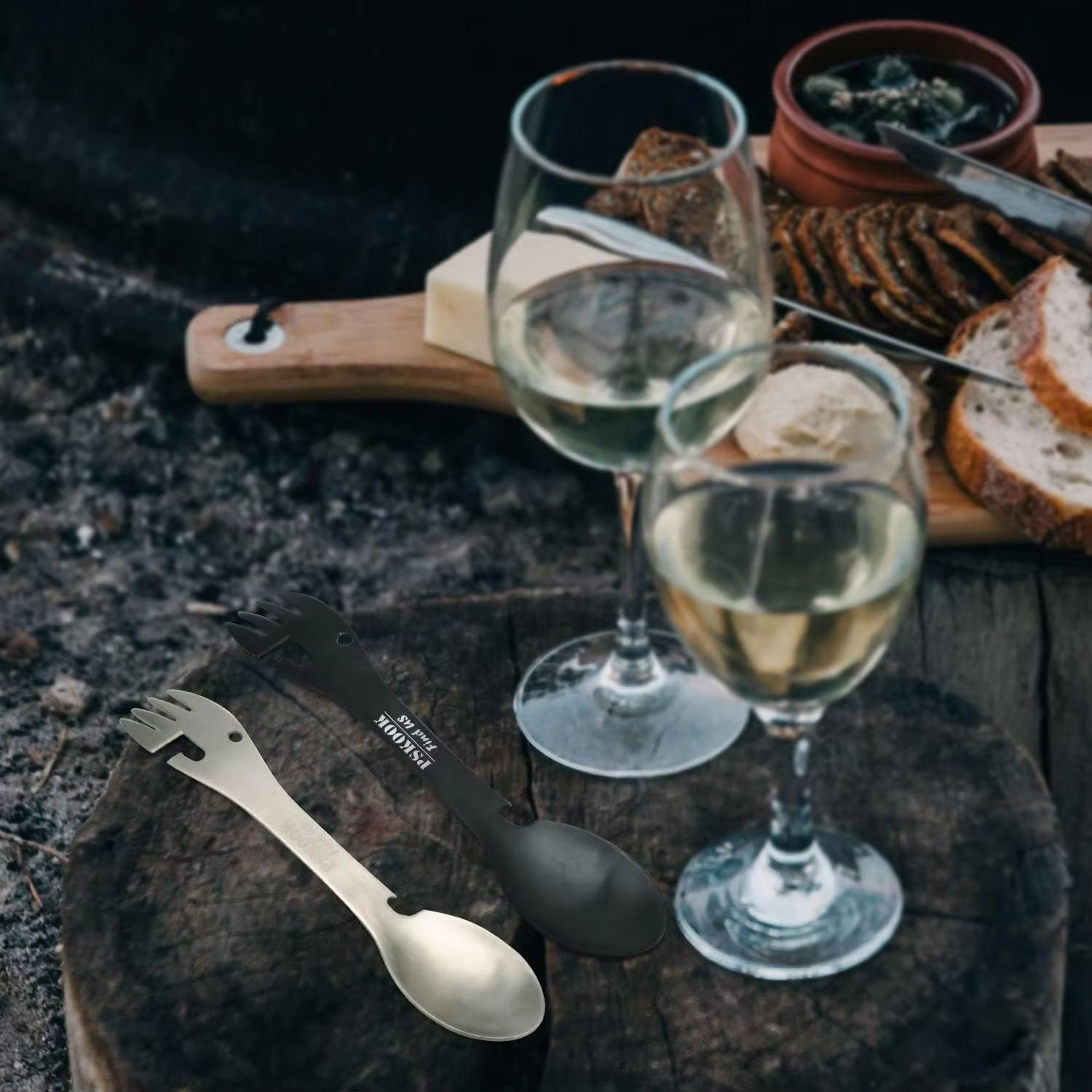 PSKOOK 5in1 Tactical Spork Stainless Steel Camping Utensil With Bottle And Can Opener 5