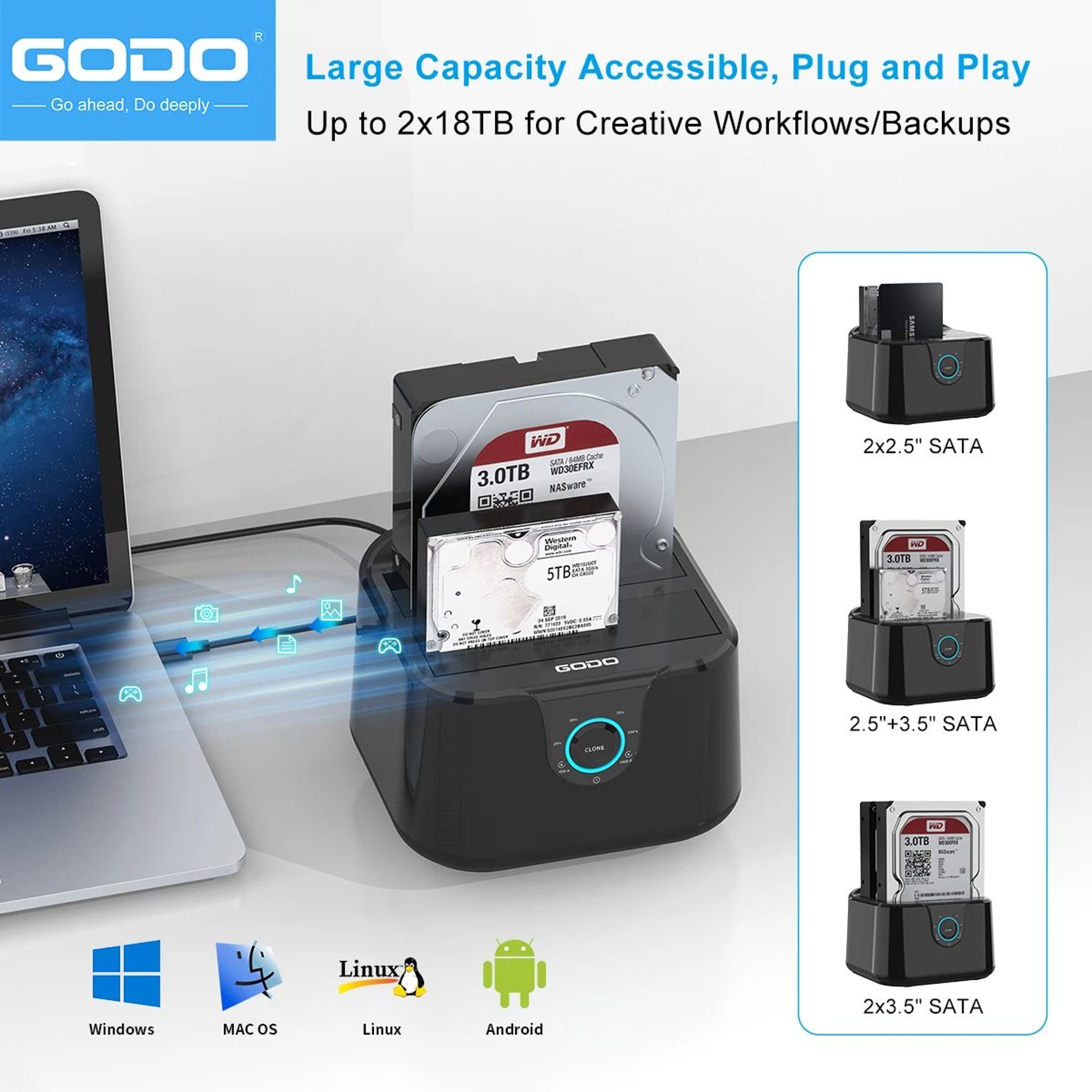 GODO SATA To USB 30 Hard Drive Docking Station For 25 35in HDD SSD With 12V3A Power Adapter 2