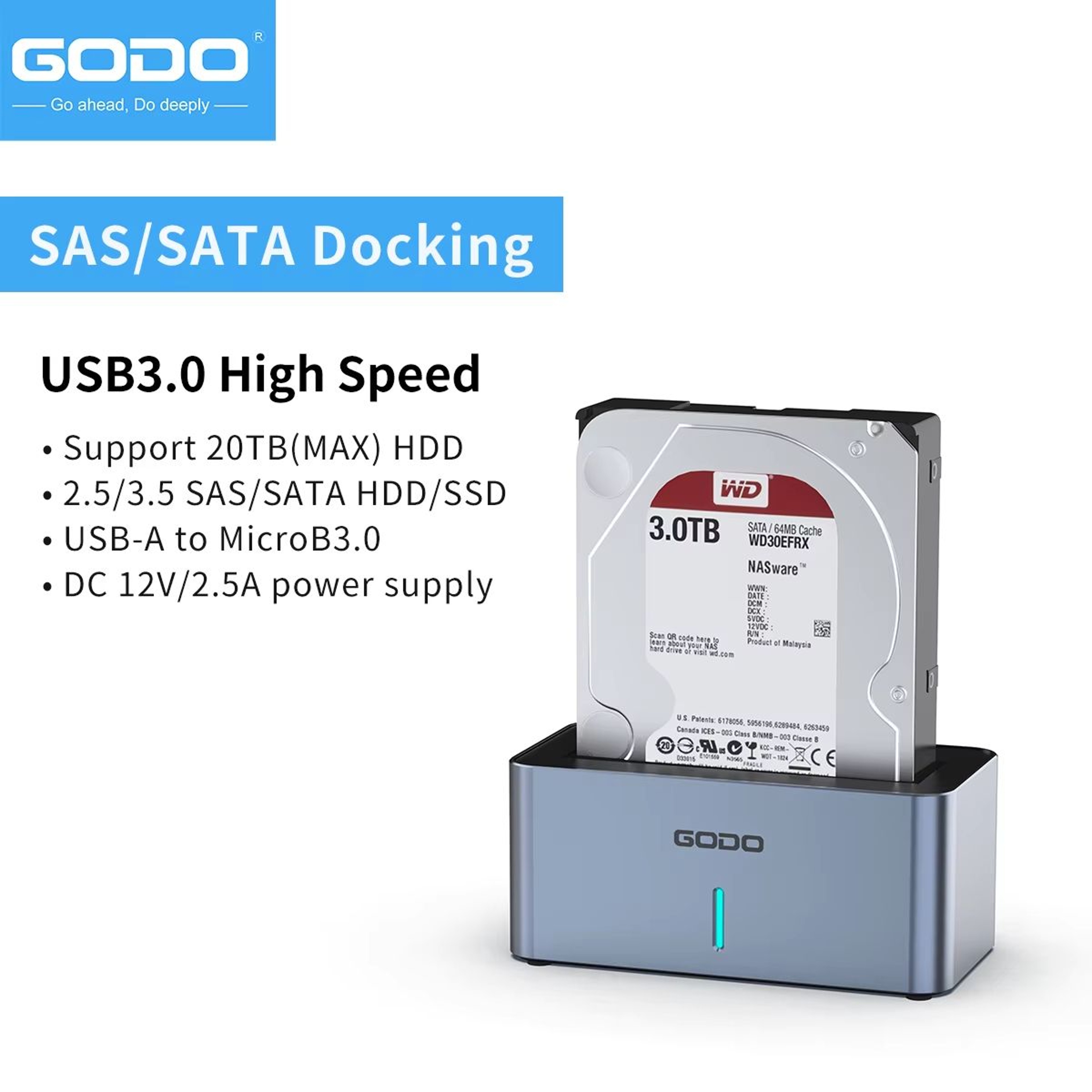 GODO SATA To USB 30 Hard Drive Docking Station For 25 35in HDD SSD With 12V3A Power Adapter 7