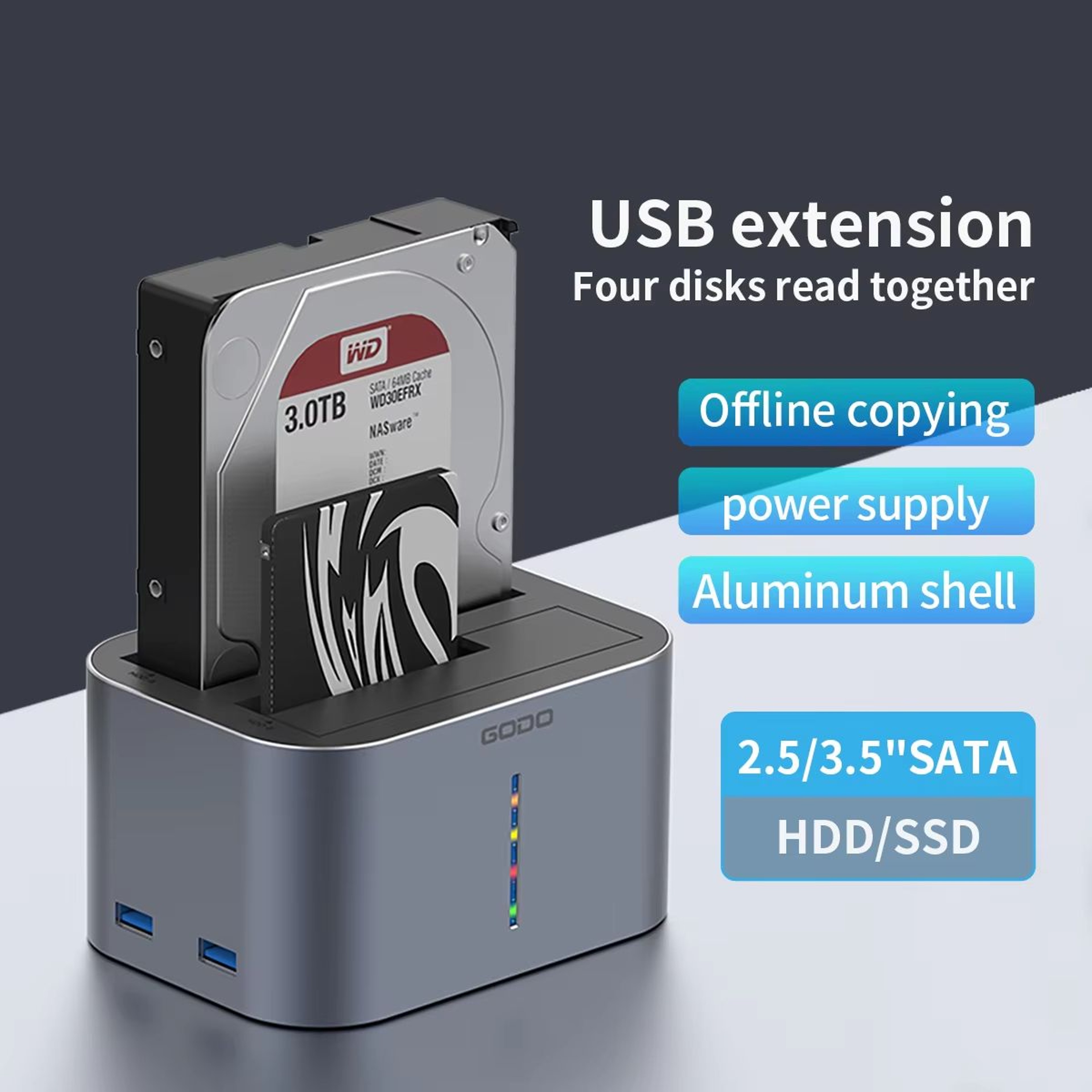 GODO SATA To USB 30 Hard Drive Docking Station For 25 35in HDD SSD With 12V3A Power Adapter 8