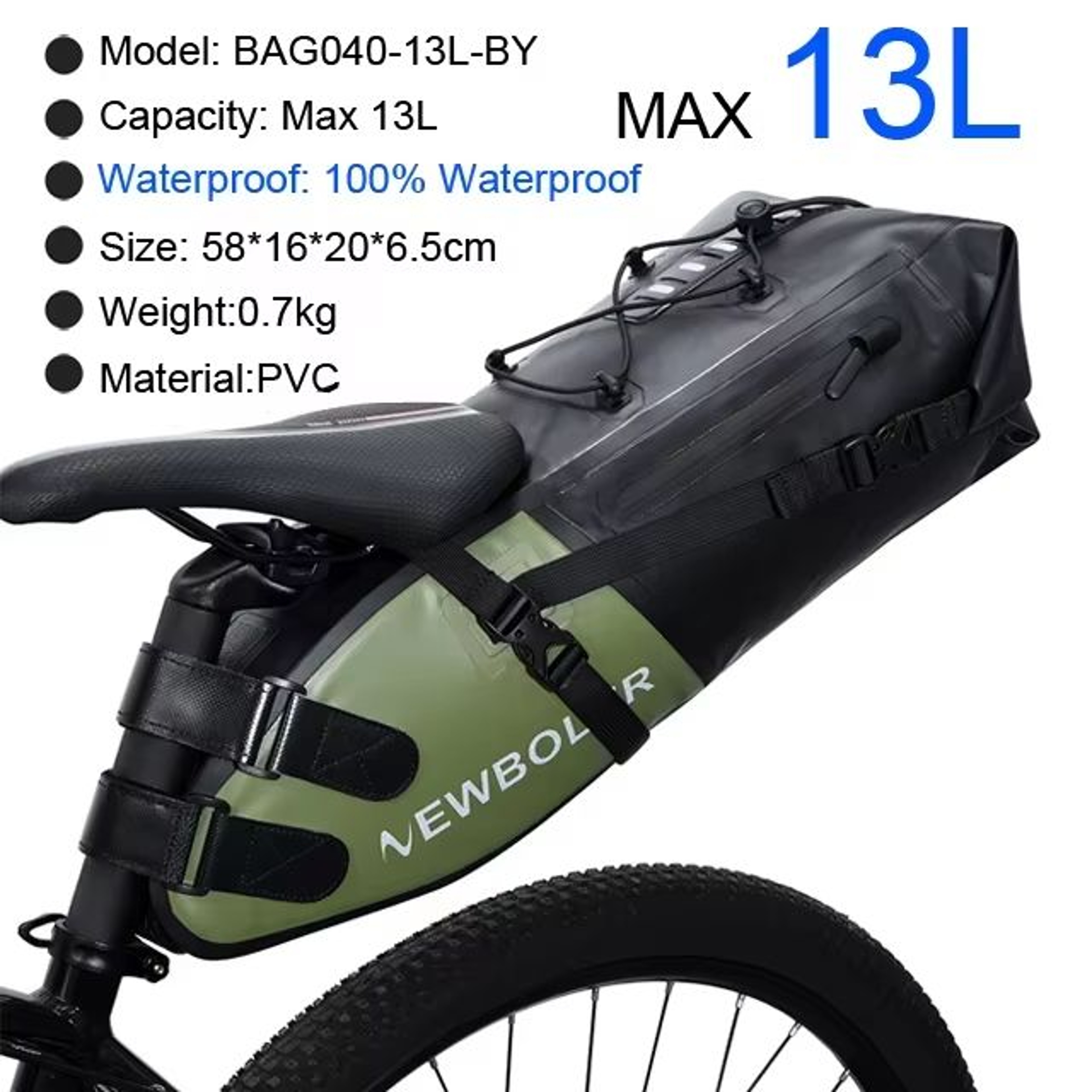 NEWBOLER 613L Waterproof Bike Saddle Bag Foldable Rear Seat Pack For MTB Road Bikepacking 7