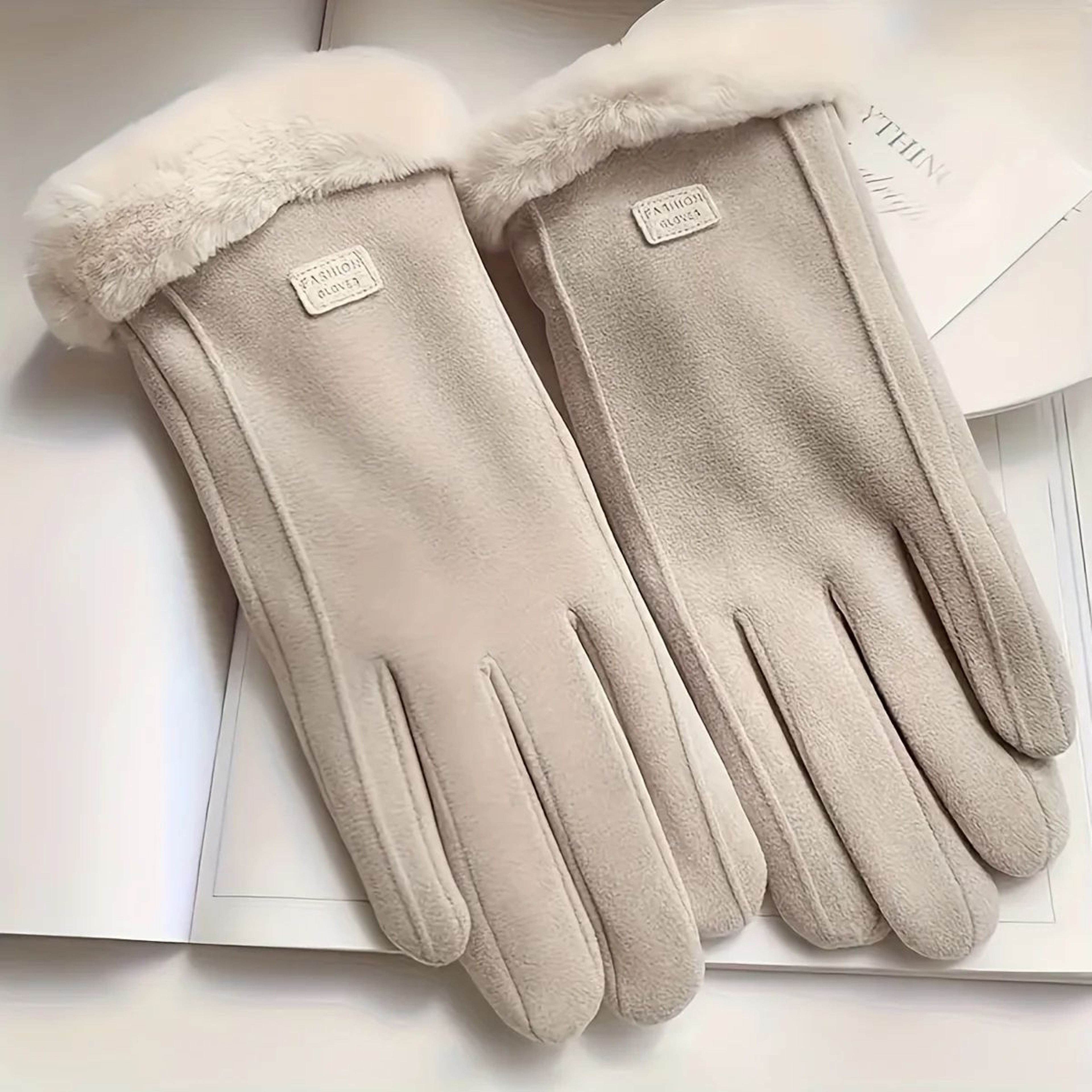 Beige Plush Lined Touchscreen Winter Gloves For Women And Men 1