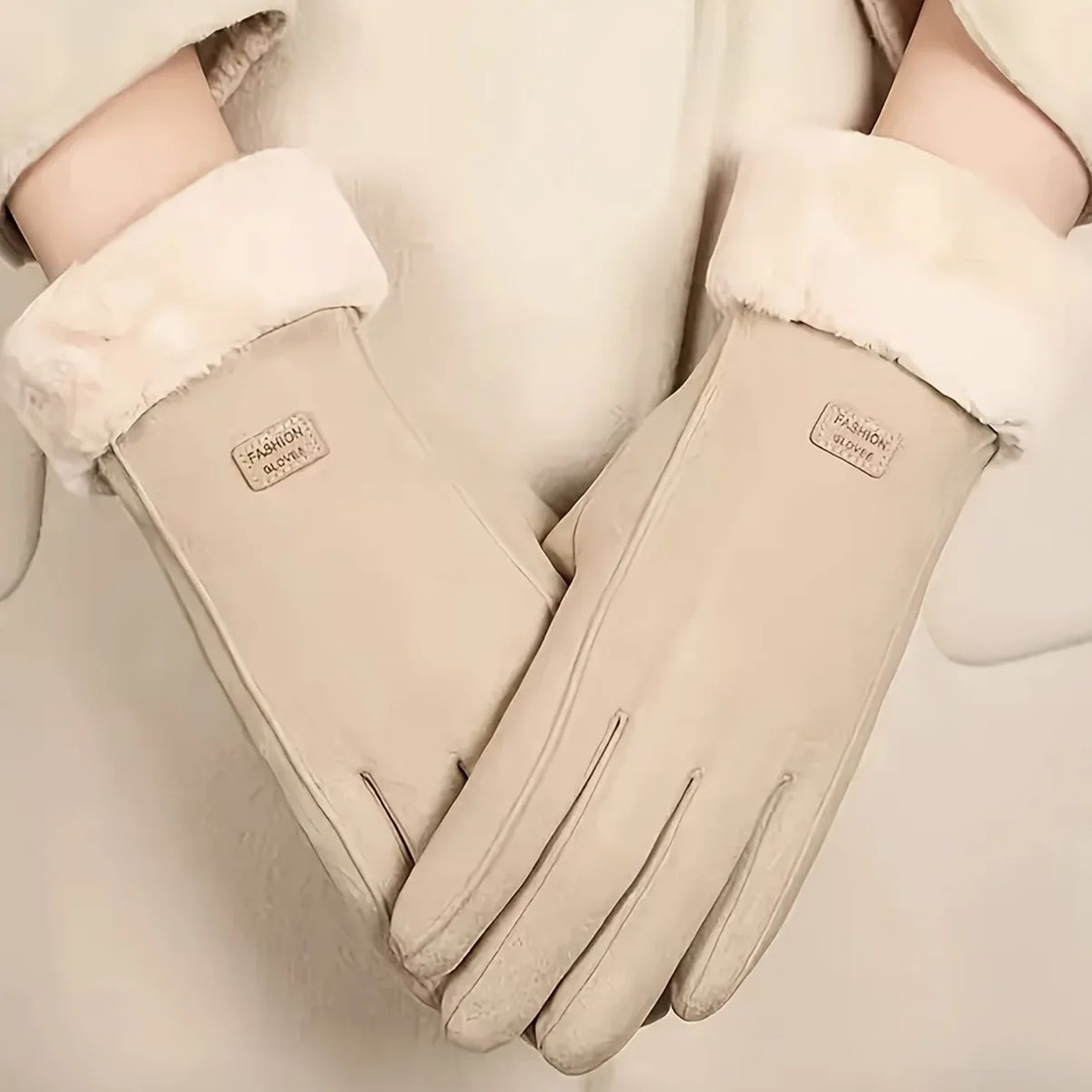 Beige Plush Lined Touchscreen Winter Gloves For Women And Men 3