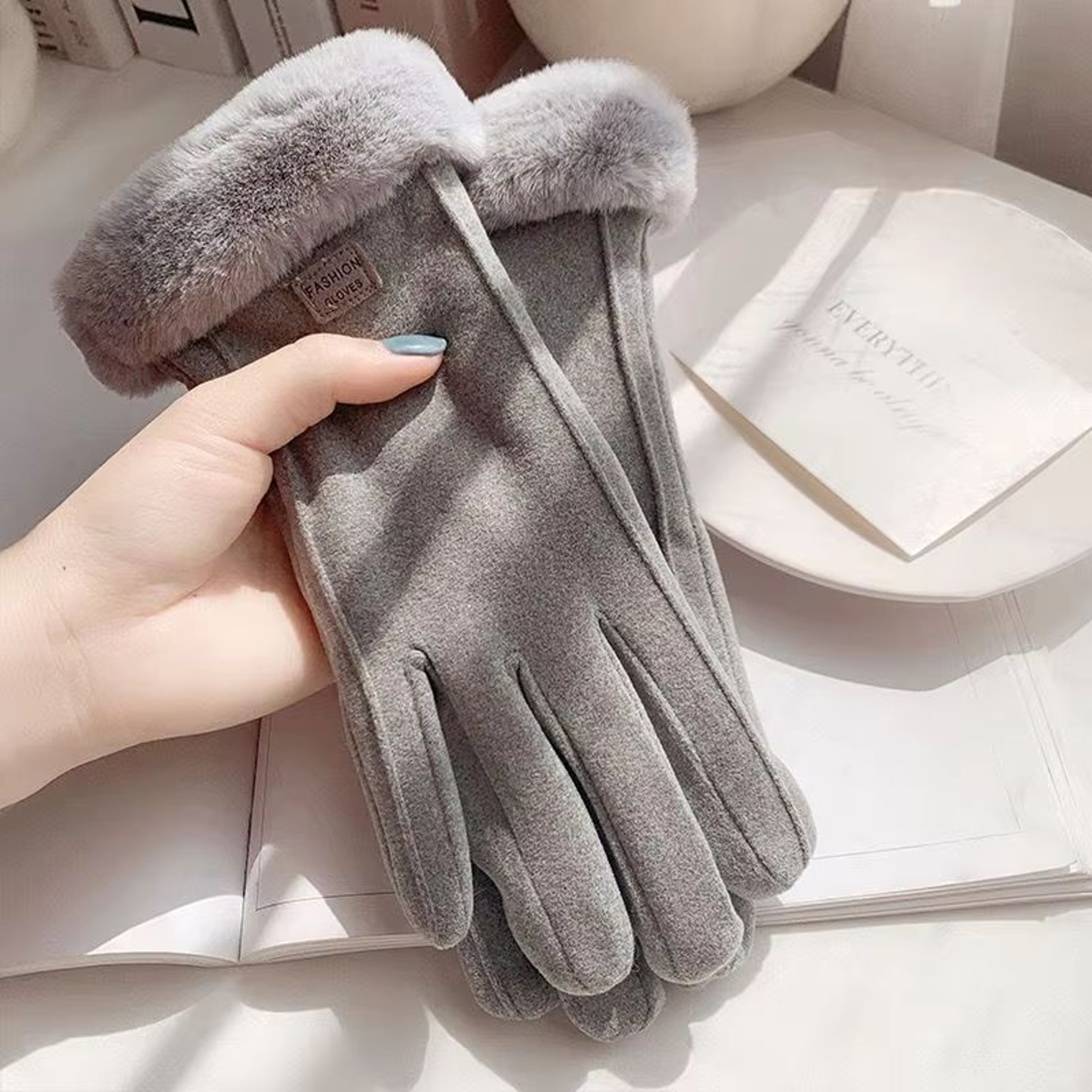 Beige Plush Lined Touchscreen Winter Gloves For Women And Men 8
