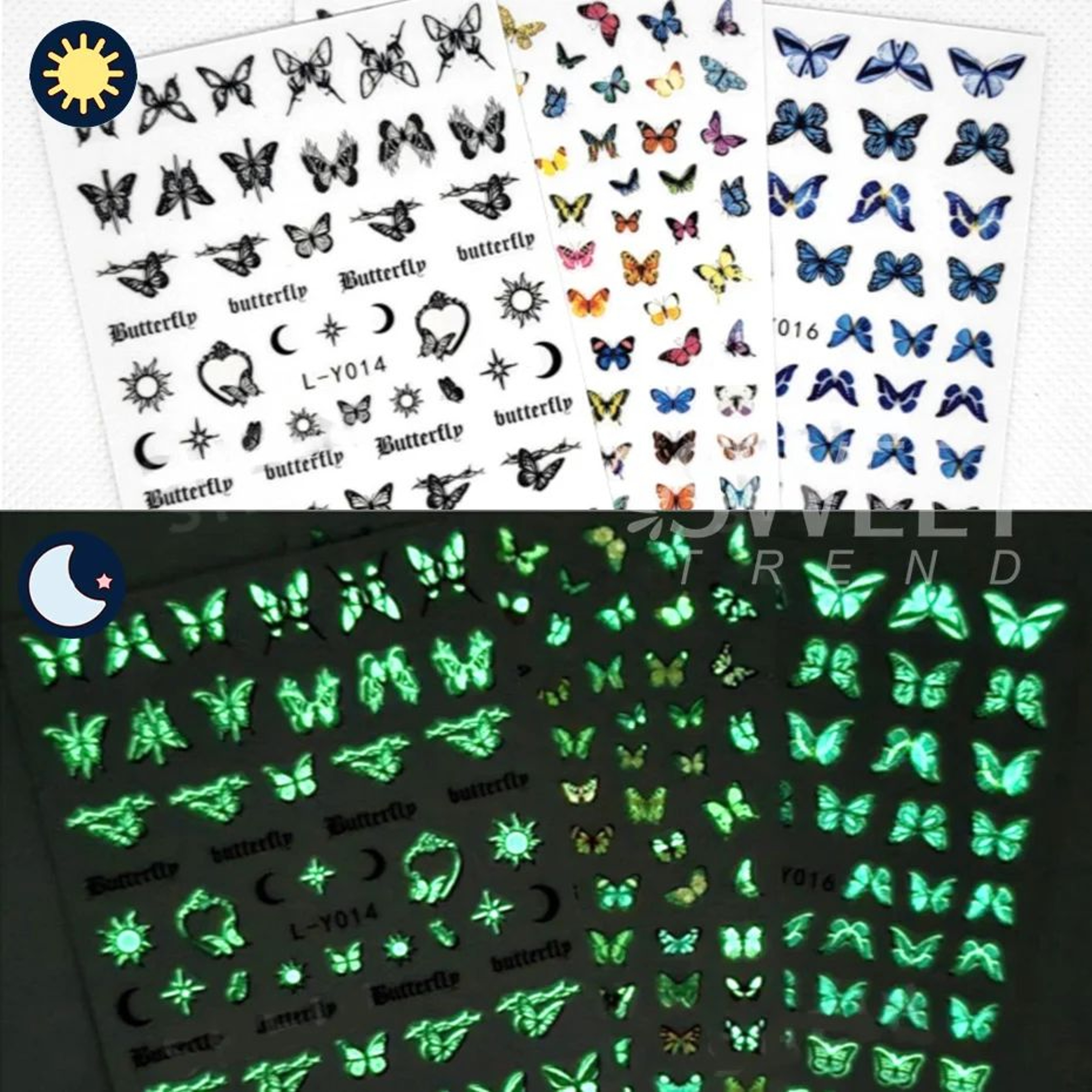 3Piece Luminous Butterfly Nail Decal Stickers  GlowInTheDark Nail Art Set 1