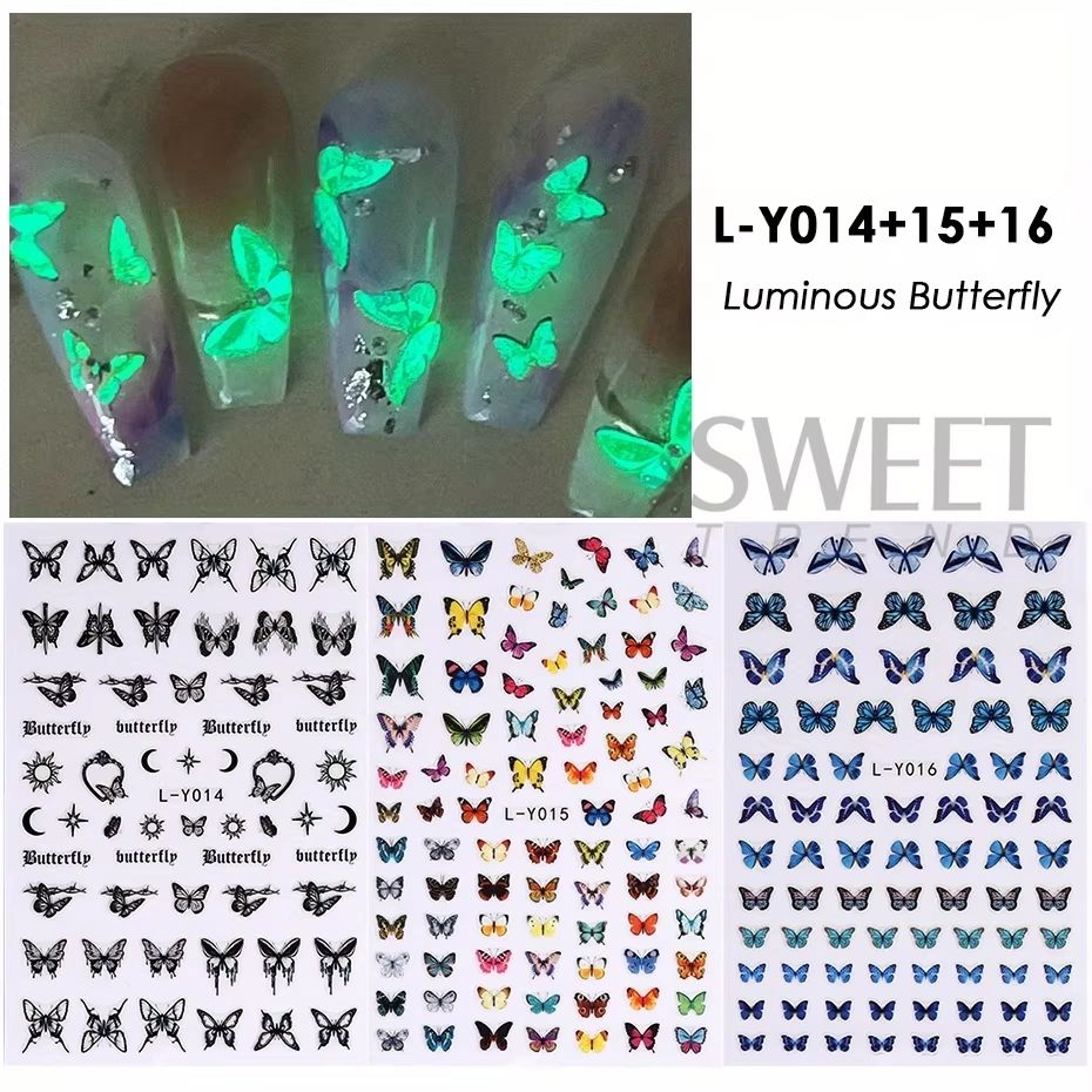 3Piece Luminous Butterfly Nail Decal Stickers  GlowInTheDark Nail Art Set 6
