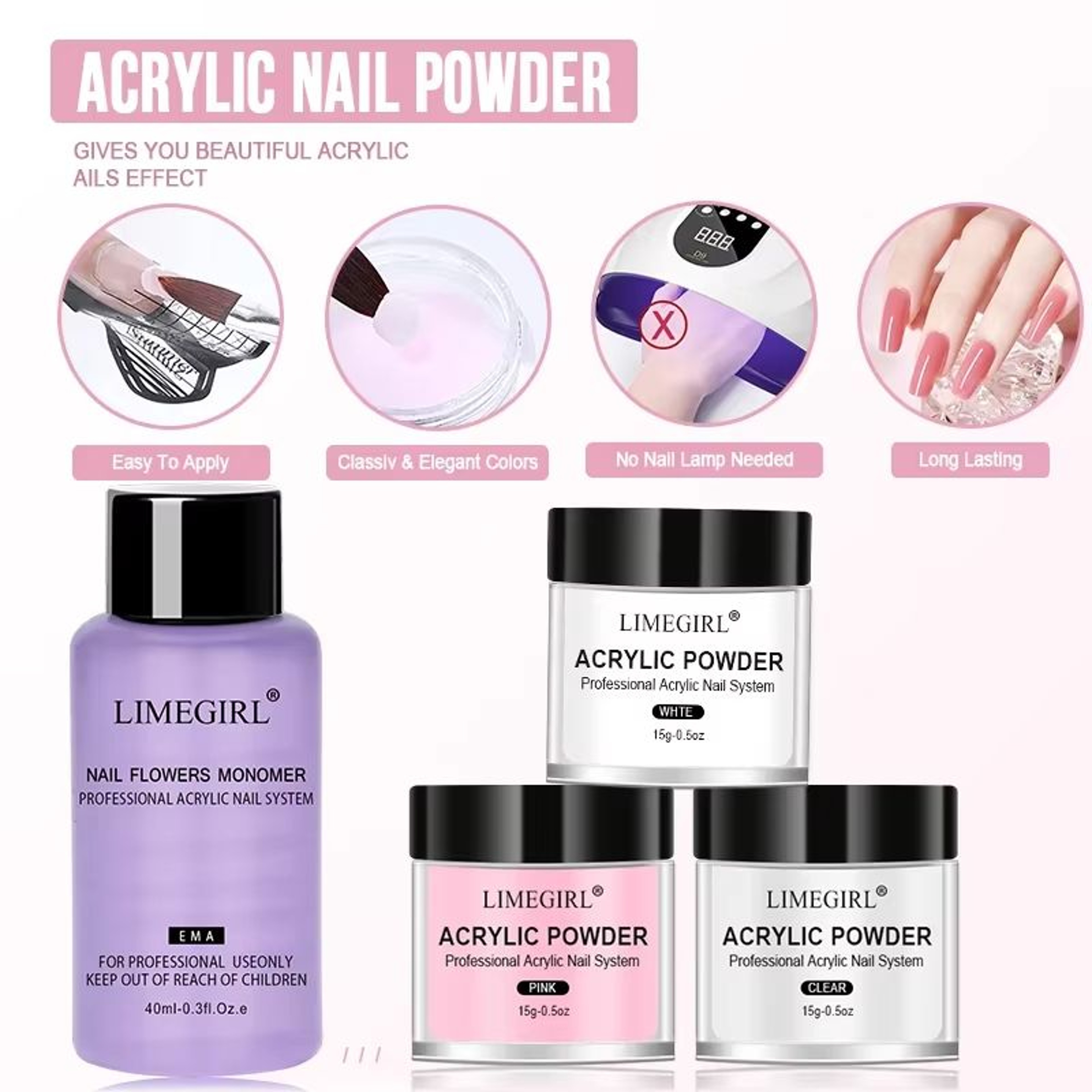 40ml Crystal Liquid  45ml Acrylic Powder Nail Kit  Beginner Acrylic Nail Set Pink White Transparent 3