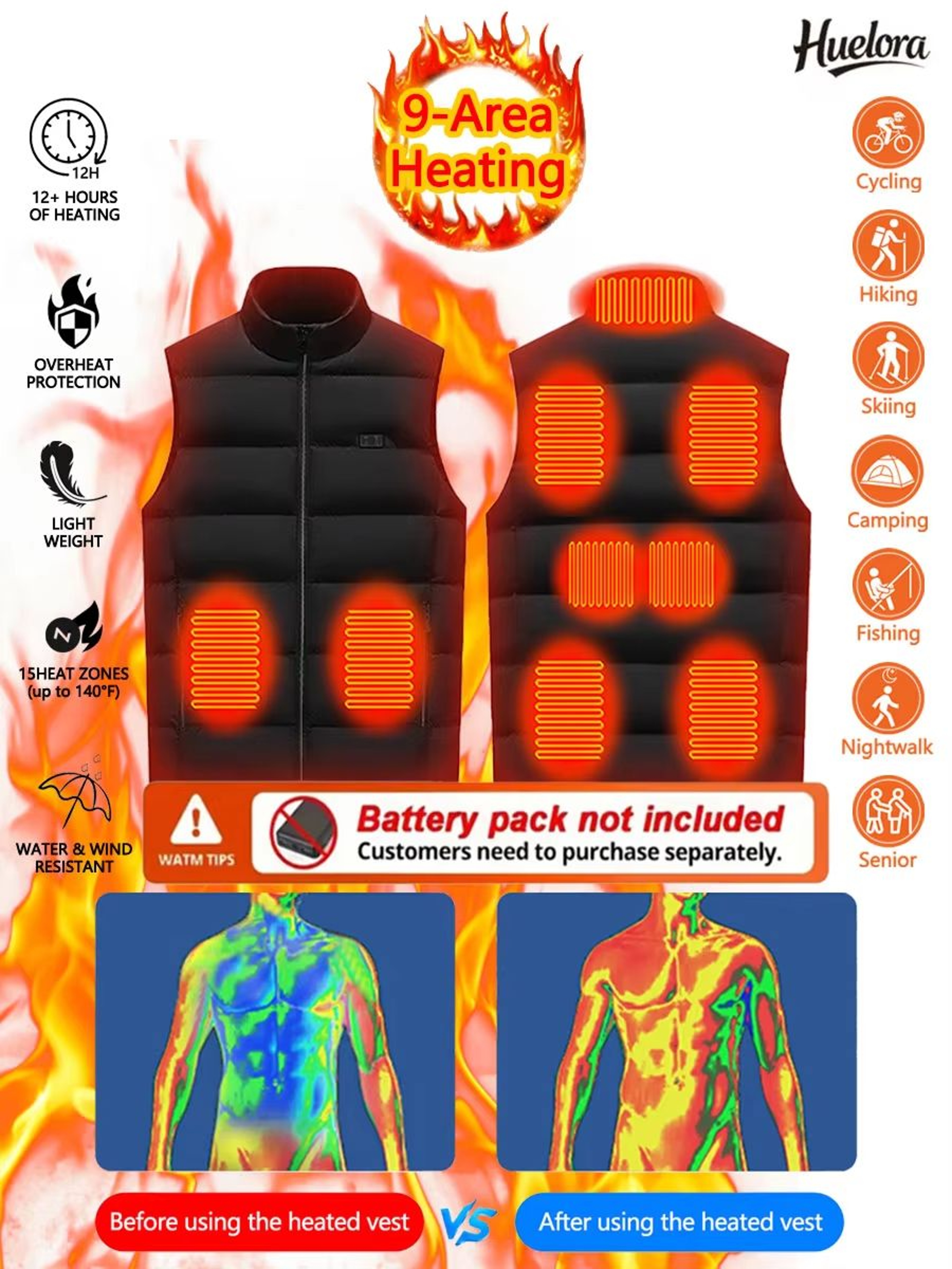 Unisex Heated Vest Winter 9Area Heating StandUp Collar Outdoor Sports Jacket Vest Power Bank Not In 2