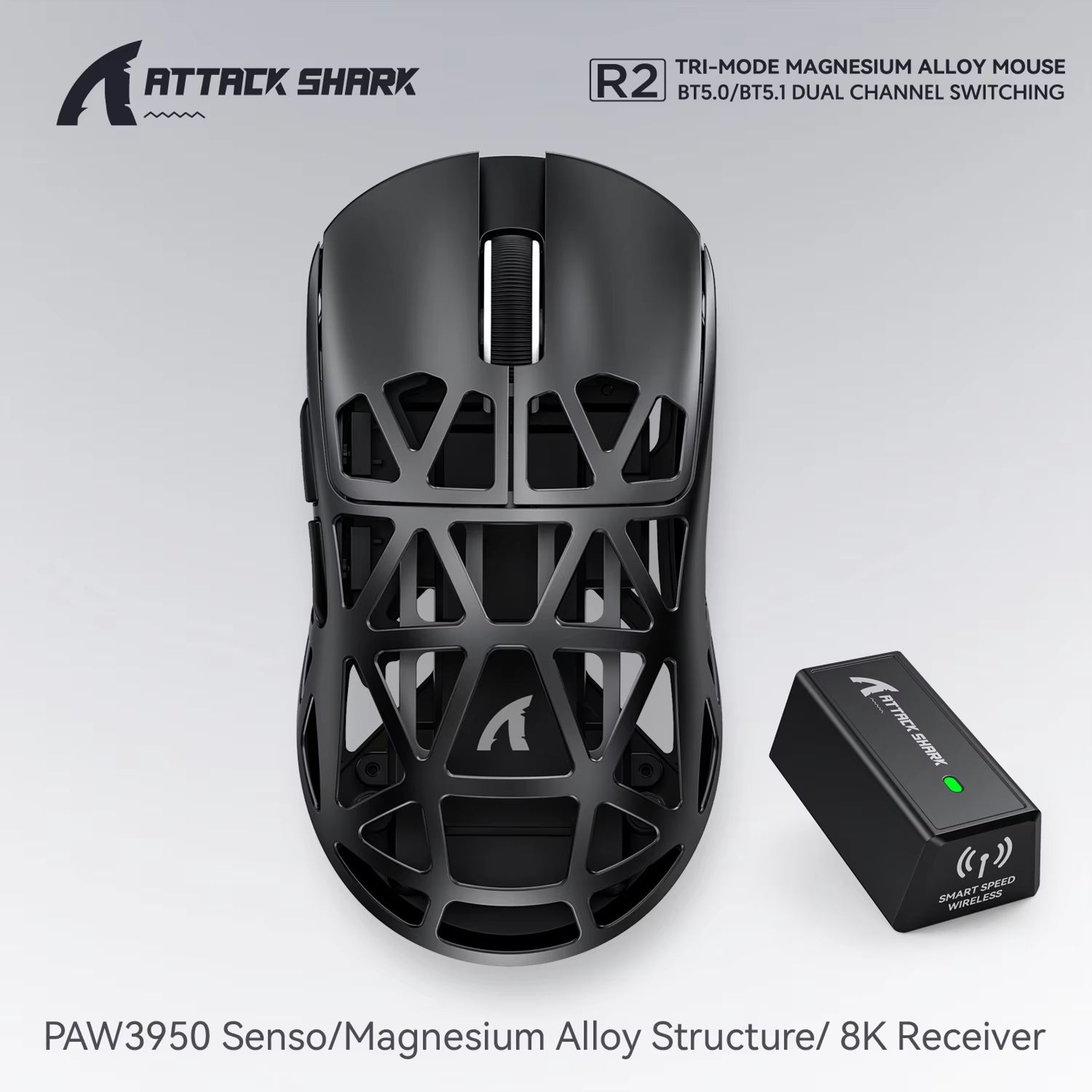ATTACK SHARK R2 Magnesium Alloy Wireless Gaming Mouse PAW3950 Sensor 8K Polling Tri Mode Bluetooth 1