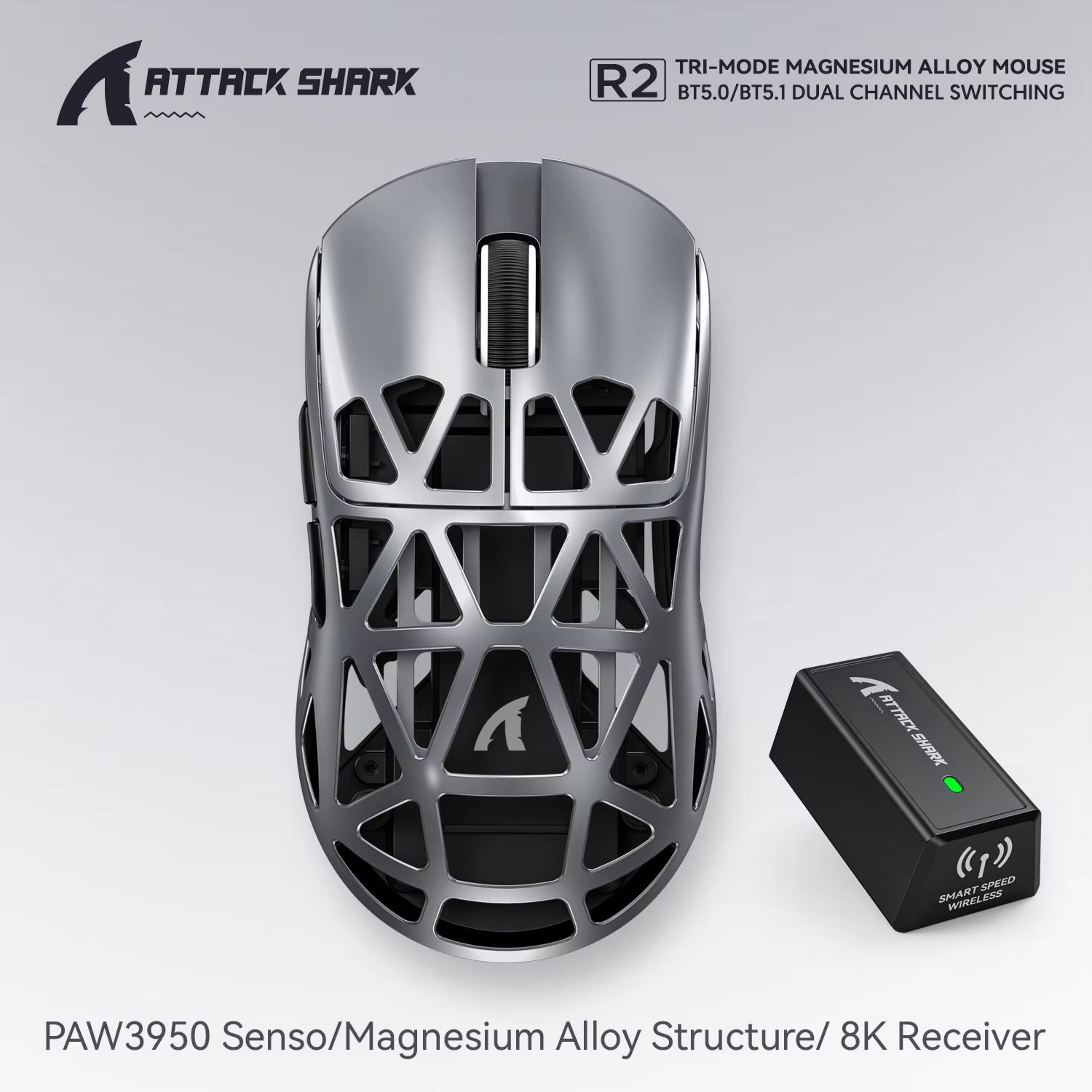 ATTACK SHARK R2 Magnesium Alloy Wireless Gaming Mouse PAW3950 Sensor 8K Polling Tri Mode Bluetooth 6