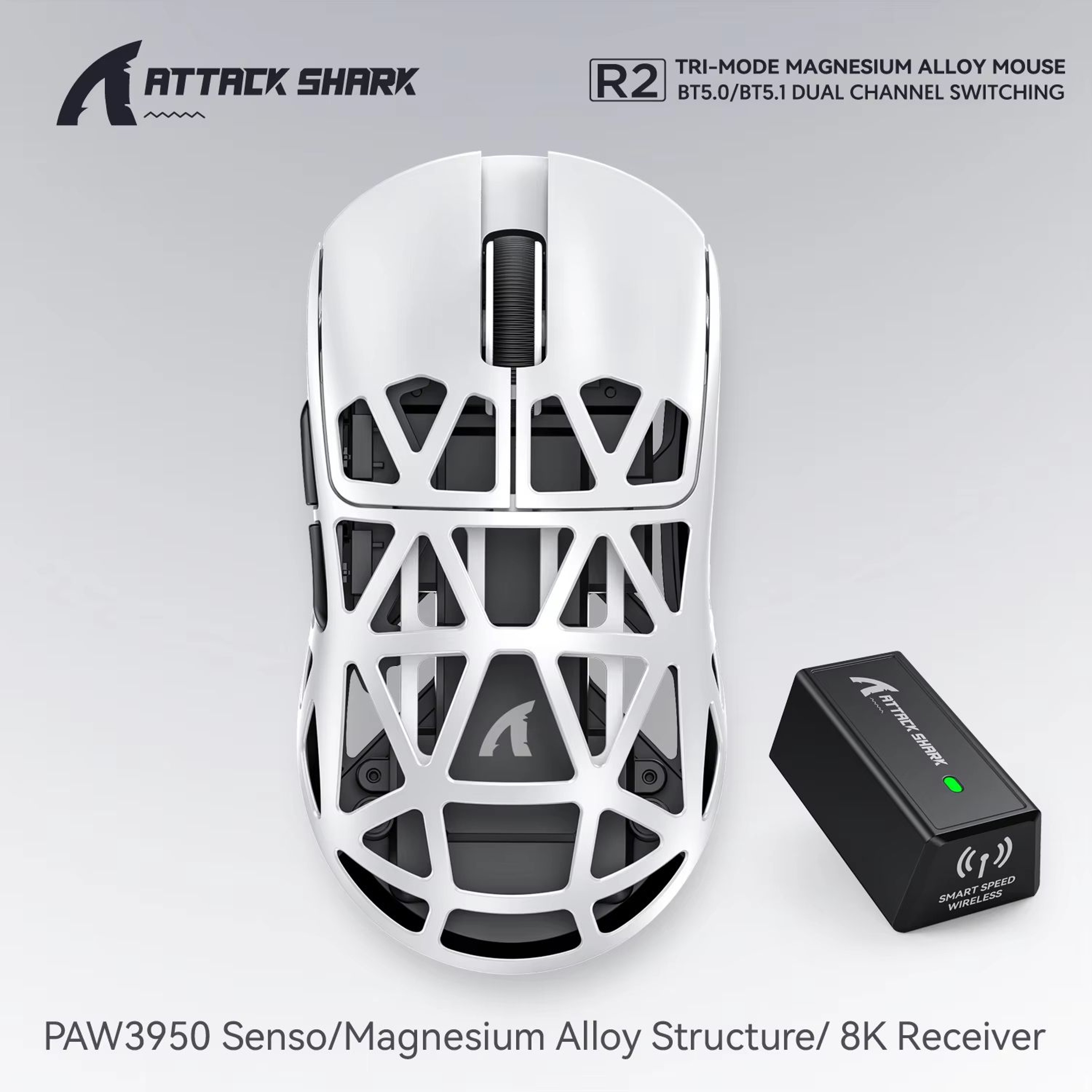ATTACK SHARK R2 Magnesium Alloy Wireless Gaming Mouse PAW3950 Sensor 8K Polling Tri Mode Bluetooth 8