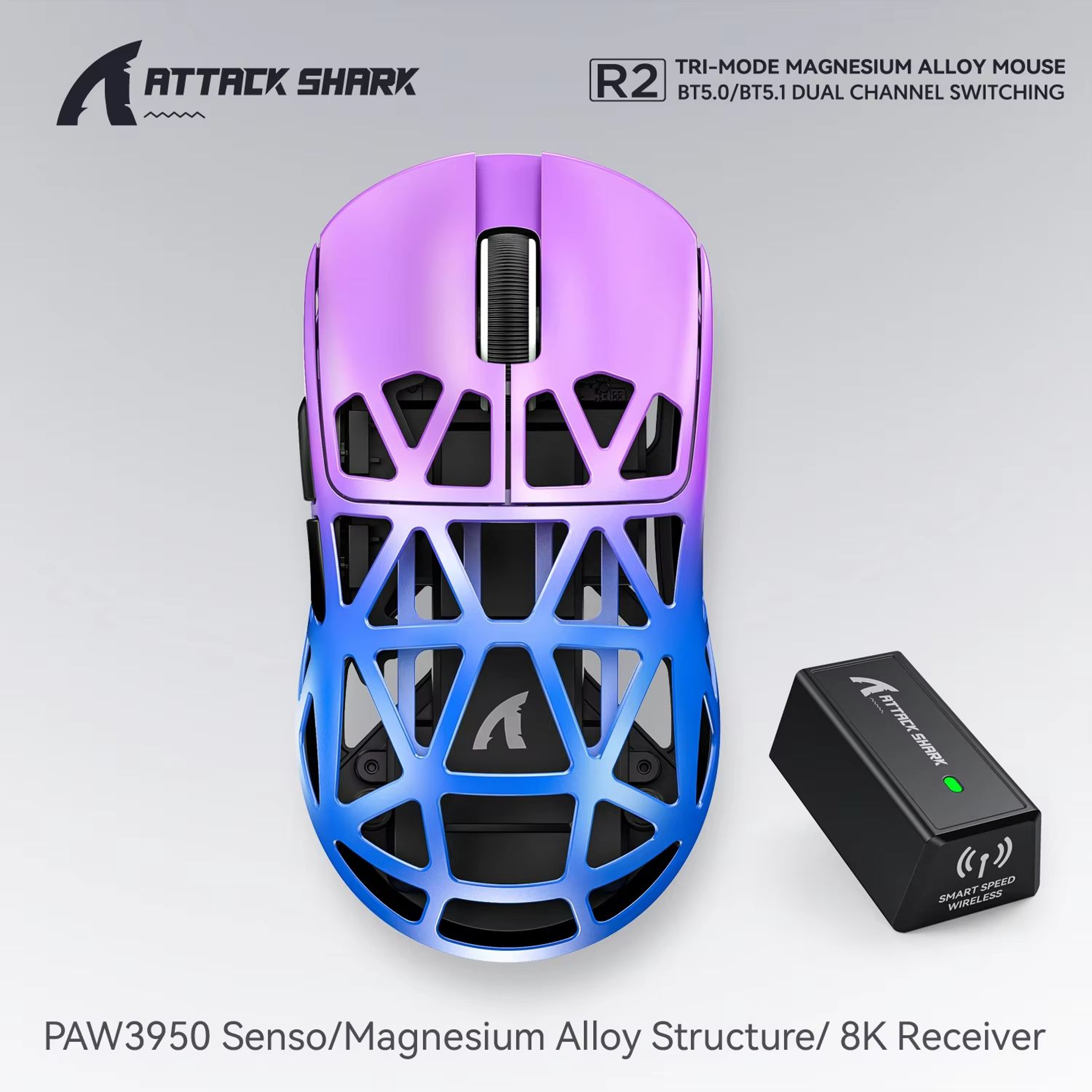 ATTACK SHARK R2 Magnesium Alloy Wireless Gaming Mouse PAW3950 Sensor 8K Polling Tri Mode Bluetooth 9