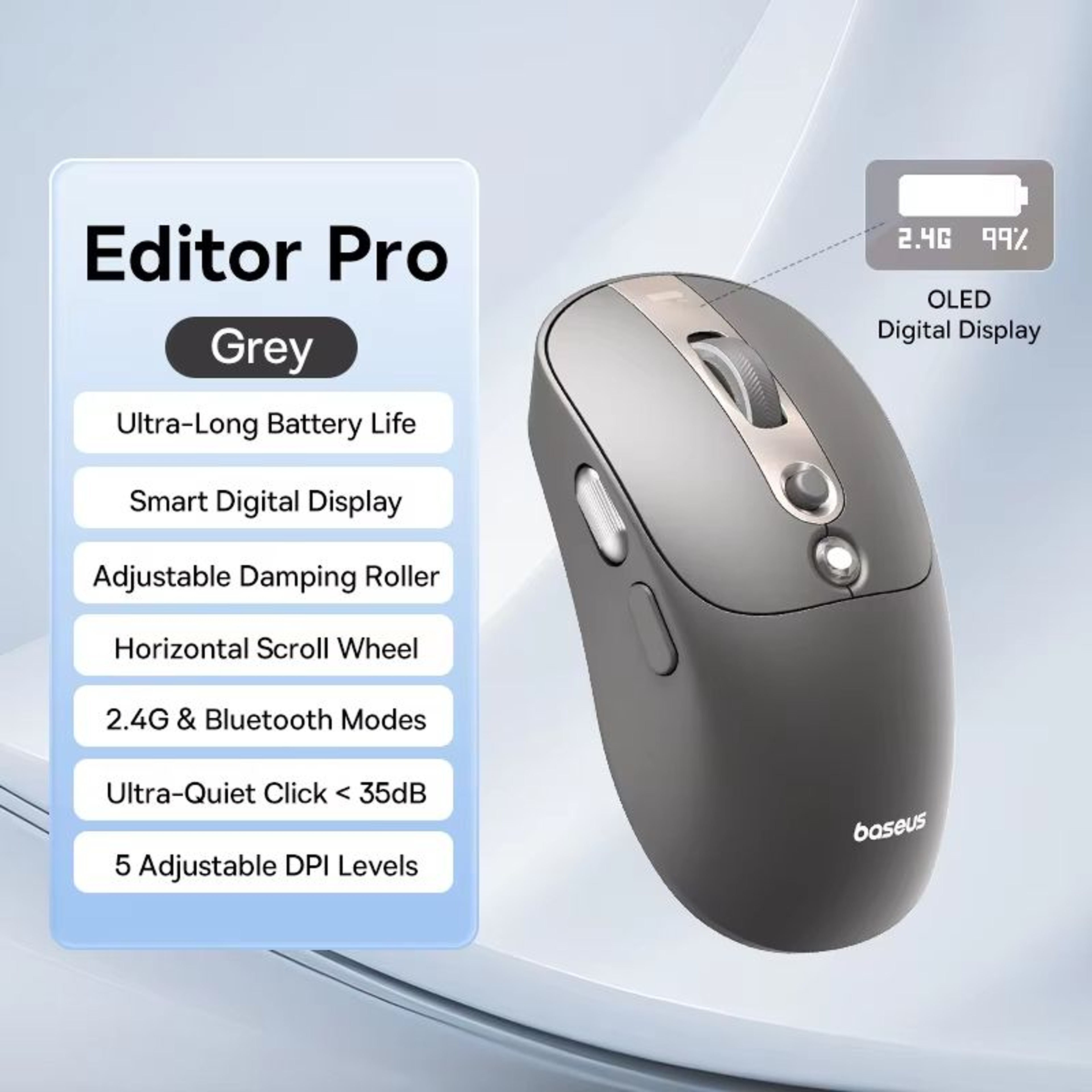 Baseus Rechargeable Bluetooth Wireless Mouse With Digital Display And Dual Scroll Wheels Silent Erg 6