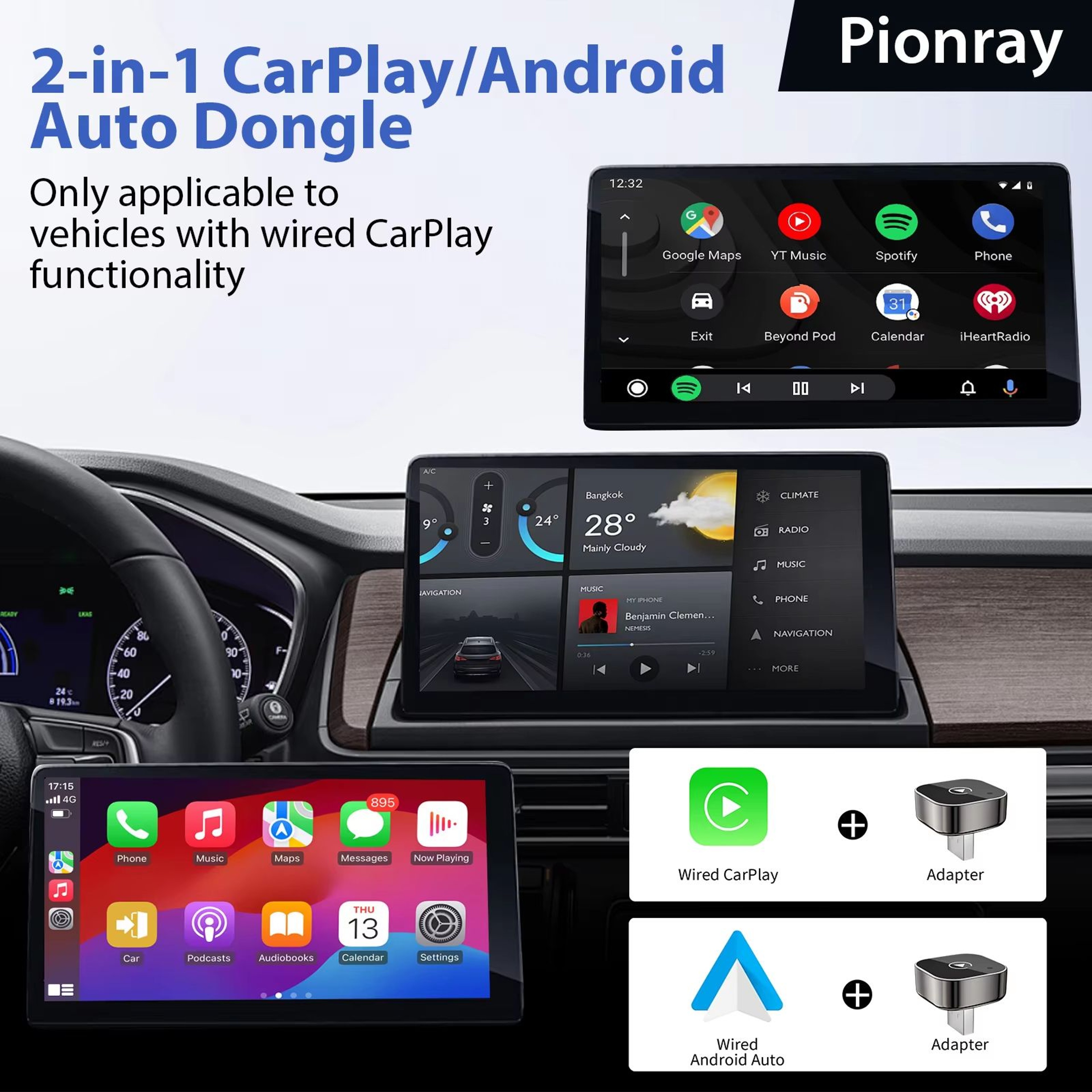 Product Name Pionray 2in1 Wireless CarPlay Adapter And Android Auto Wireless Adapter 5GHz WiFi USB  3