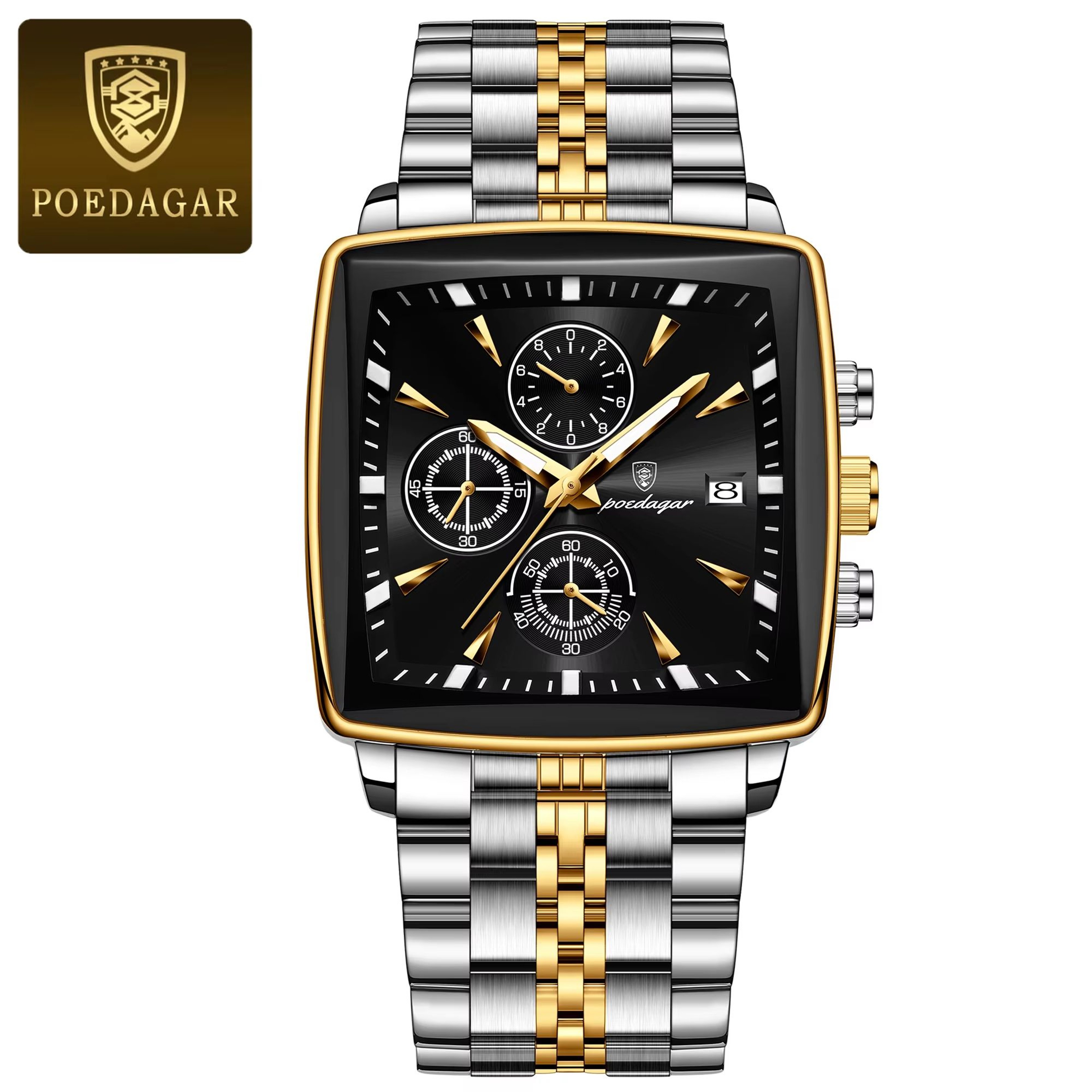 POEDAGAR Square Chronograph Watch Stainless Steel Mens Quartz Watch Luminous Waterproof Wristwatch 7