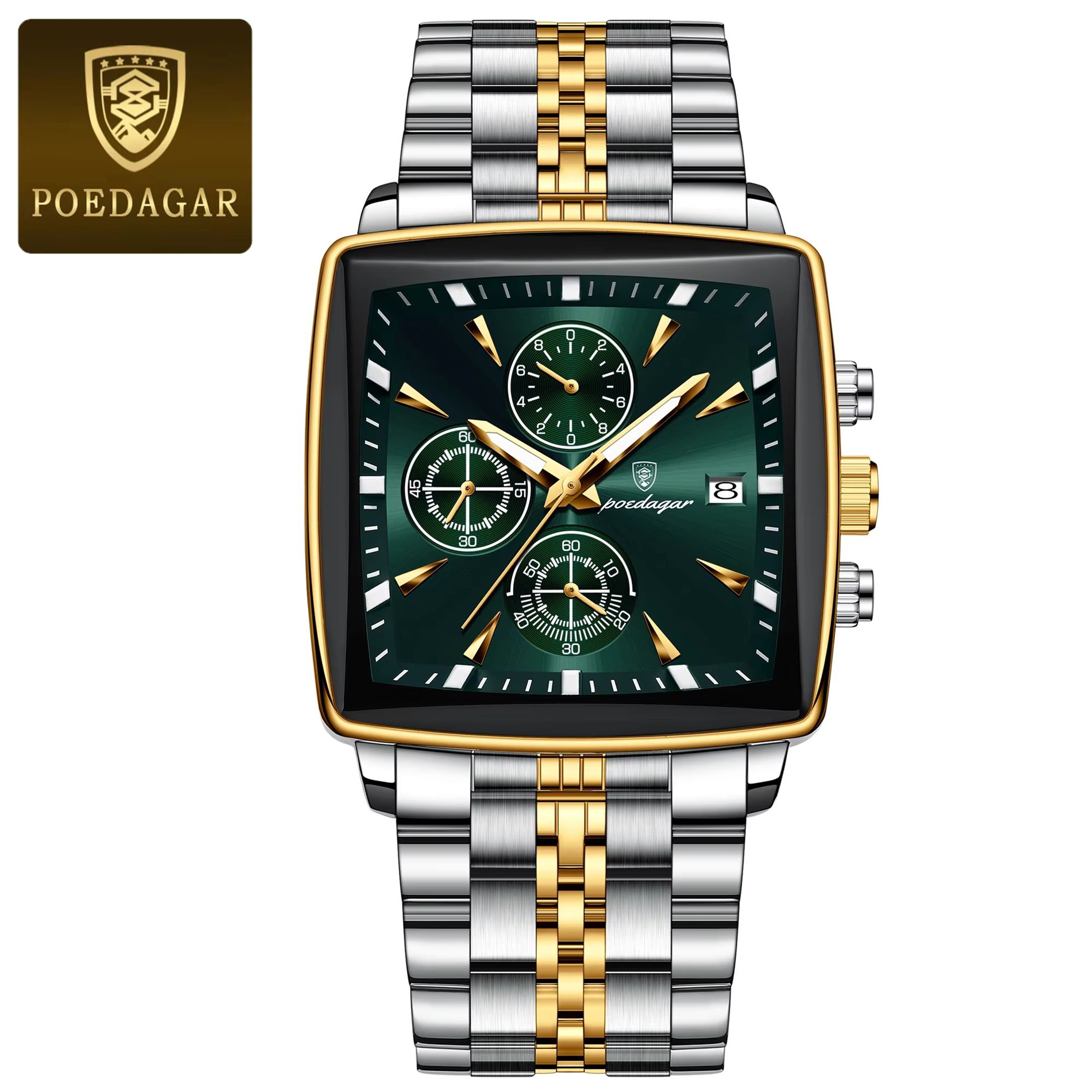 POEDAGAR Square Chronograph Watch Stainless Steel Mens Quartz Watch Luminous Waterproof Wristwatch 8