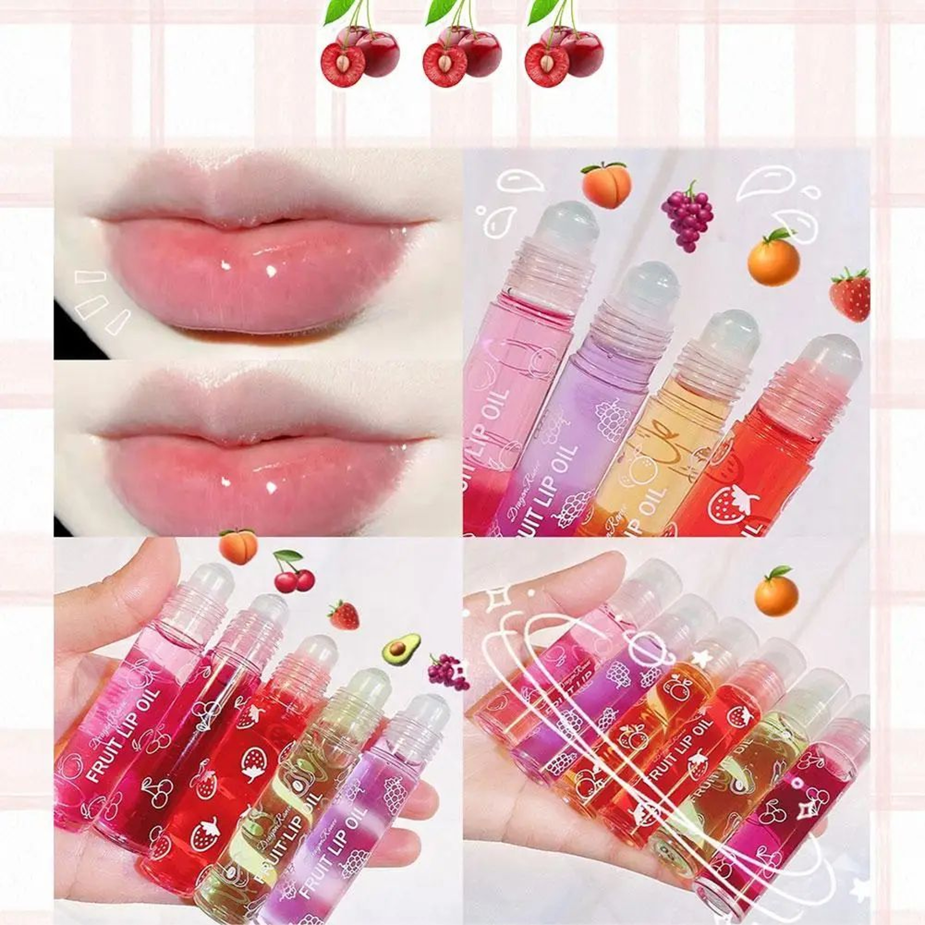 6 Color Roll On Lip Oil Fruit Essence Hydrating Lip Balm Gloss With Mirror 1