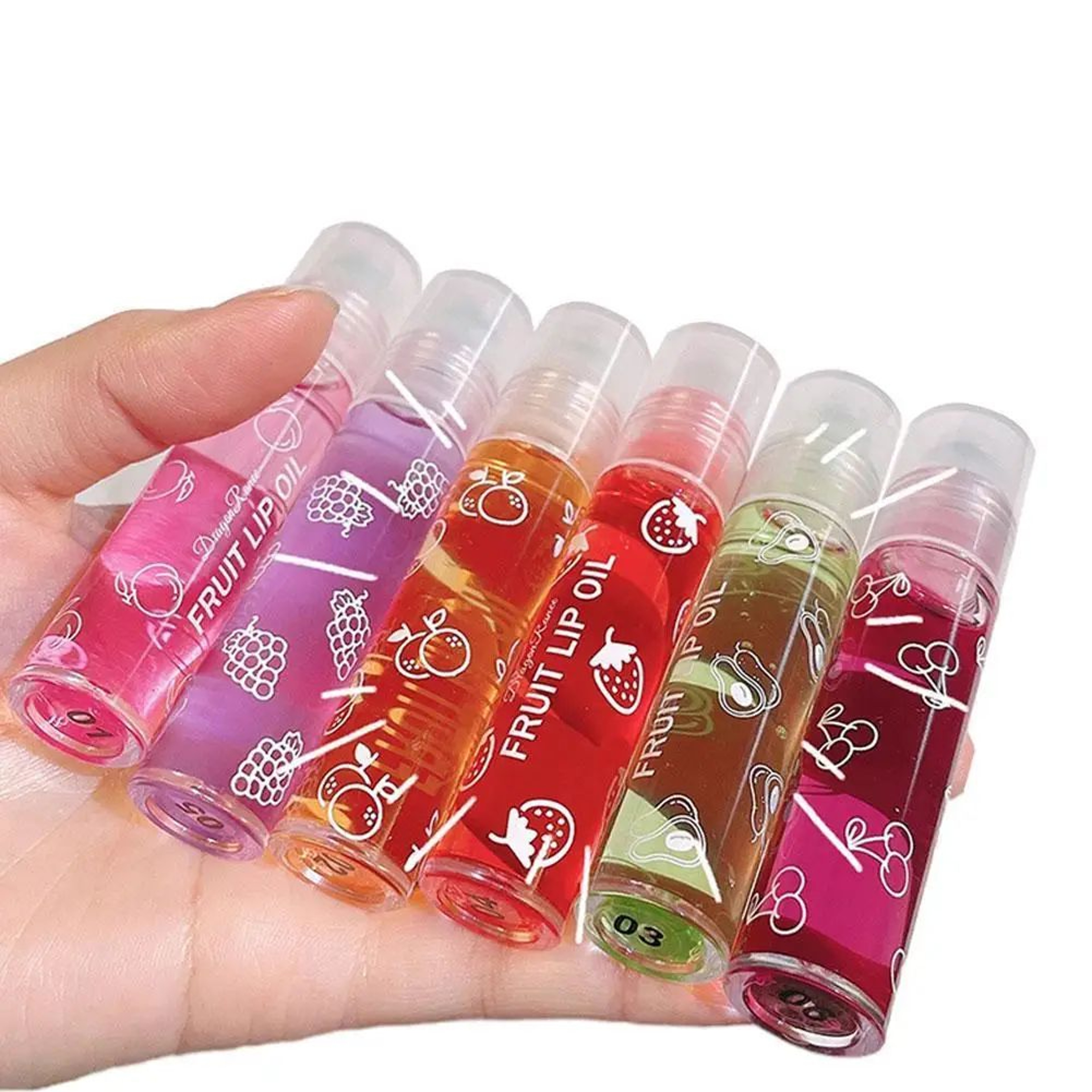 6 Color Roll On Lip Oil Fruit Essence Hydrating Lip Balm Gloss With Mirror 2