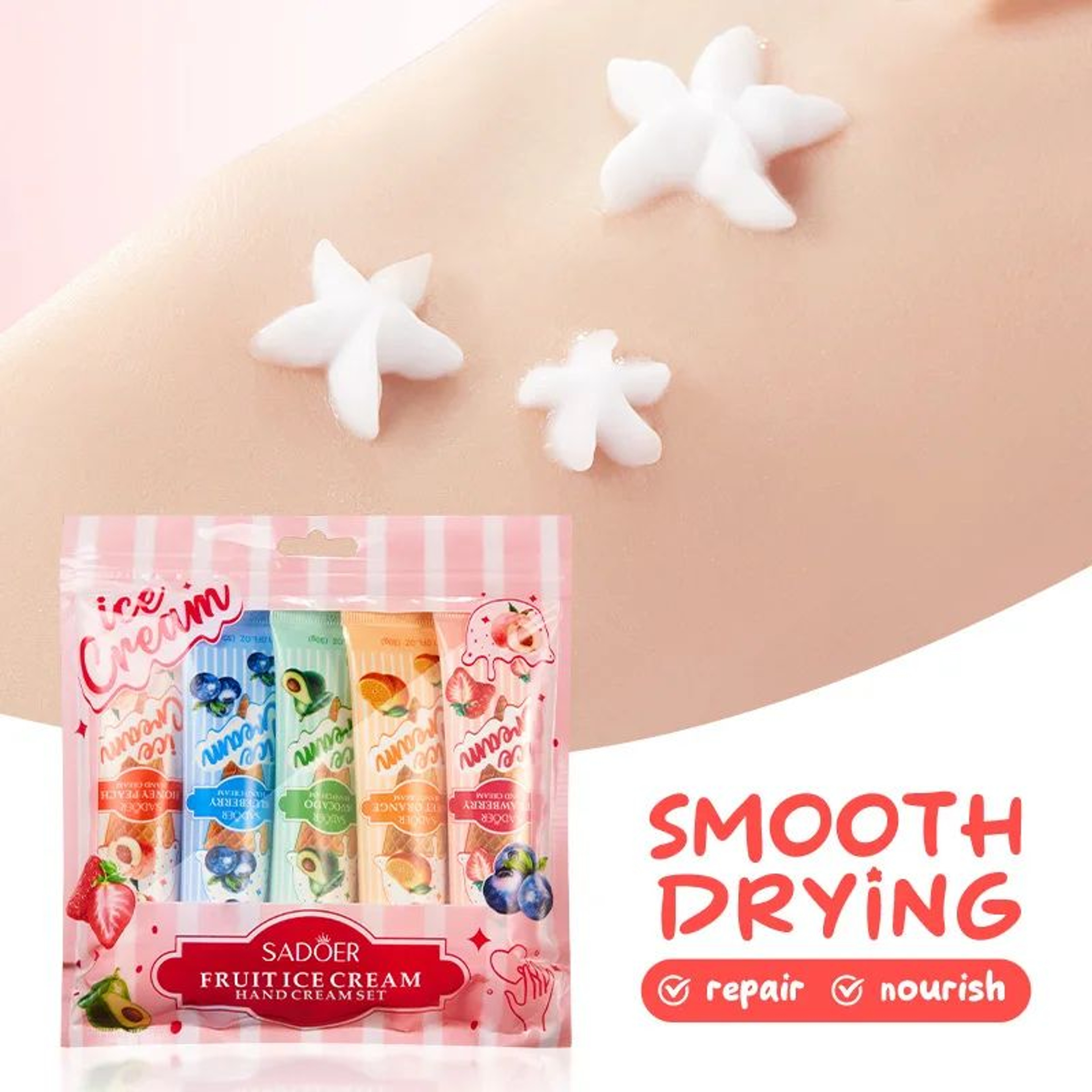 SADOER Fruit Ice Cream Hand Cream Set 5pcs Hydrating Moisturizing Hand Cream For Soft Brightened Ha 2