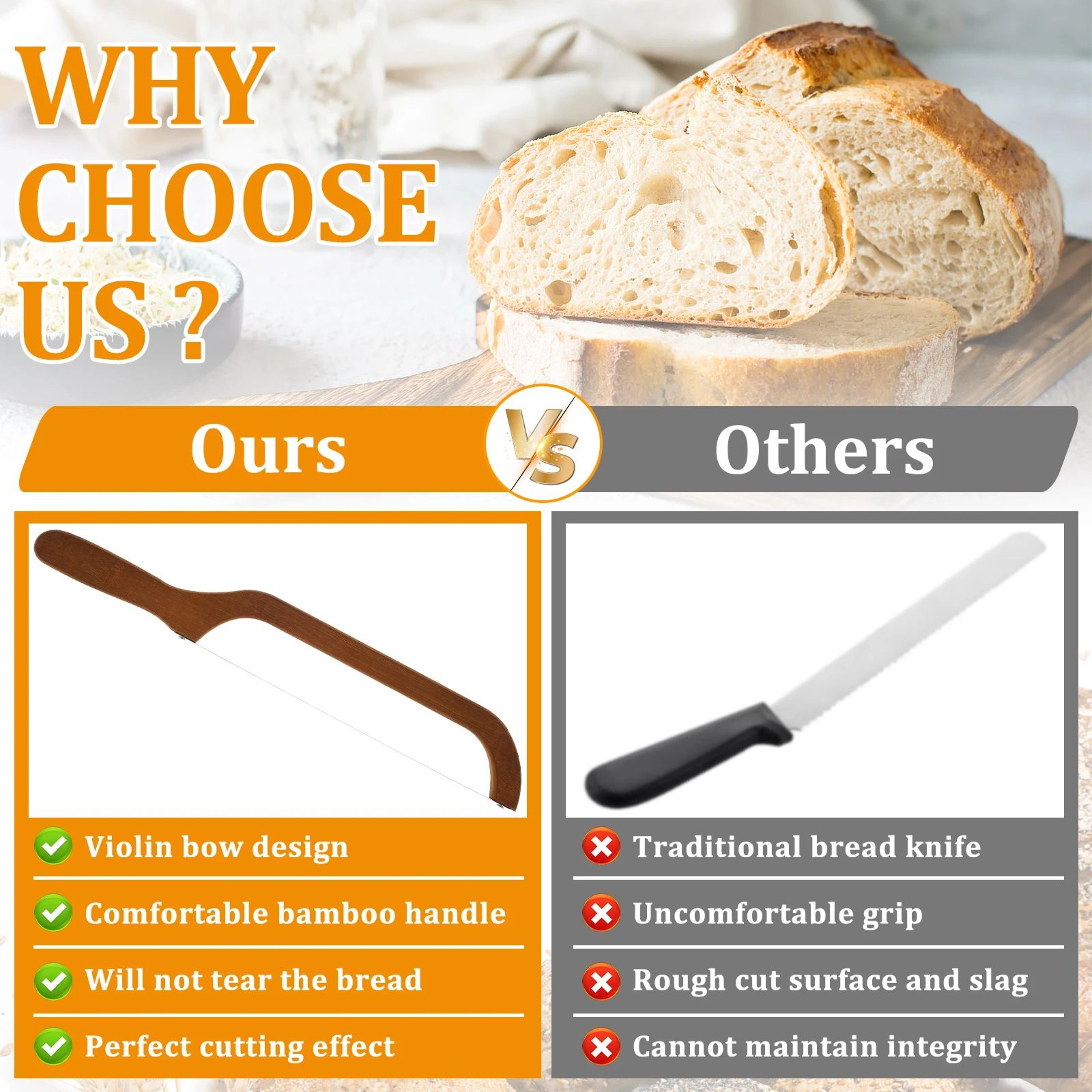 Serrated Bread Bow Cutter Stainless Steel Sourdough Bread Slicer With Bamboo Handle 3