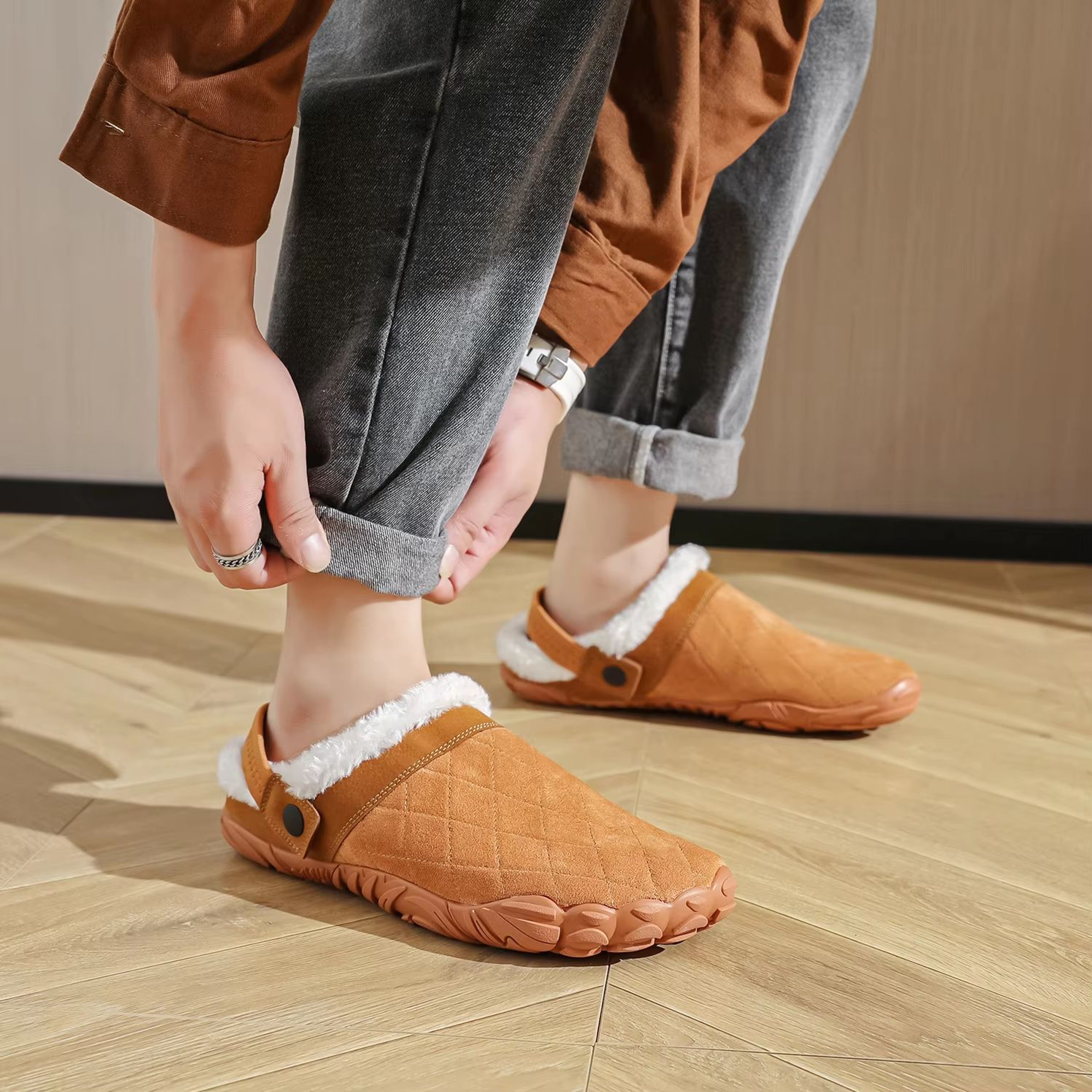 Chamois Leather Wide Toe Slippers Warm Barefoot Indoor House Shoes 2