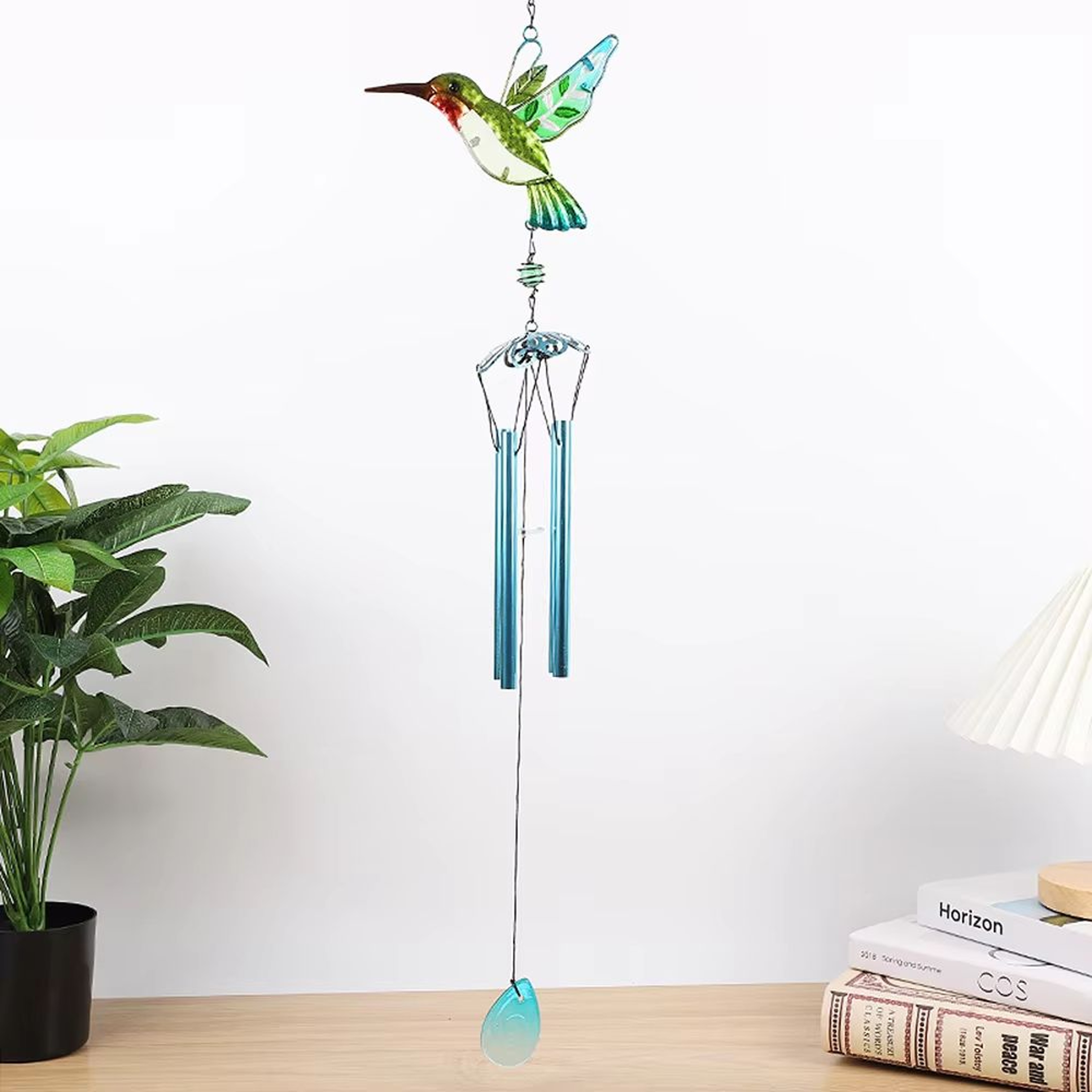 Hummingbird Dragonfly Wind Chime With Painted Glass Metal Art For Garden Decor 2