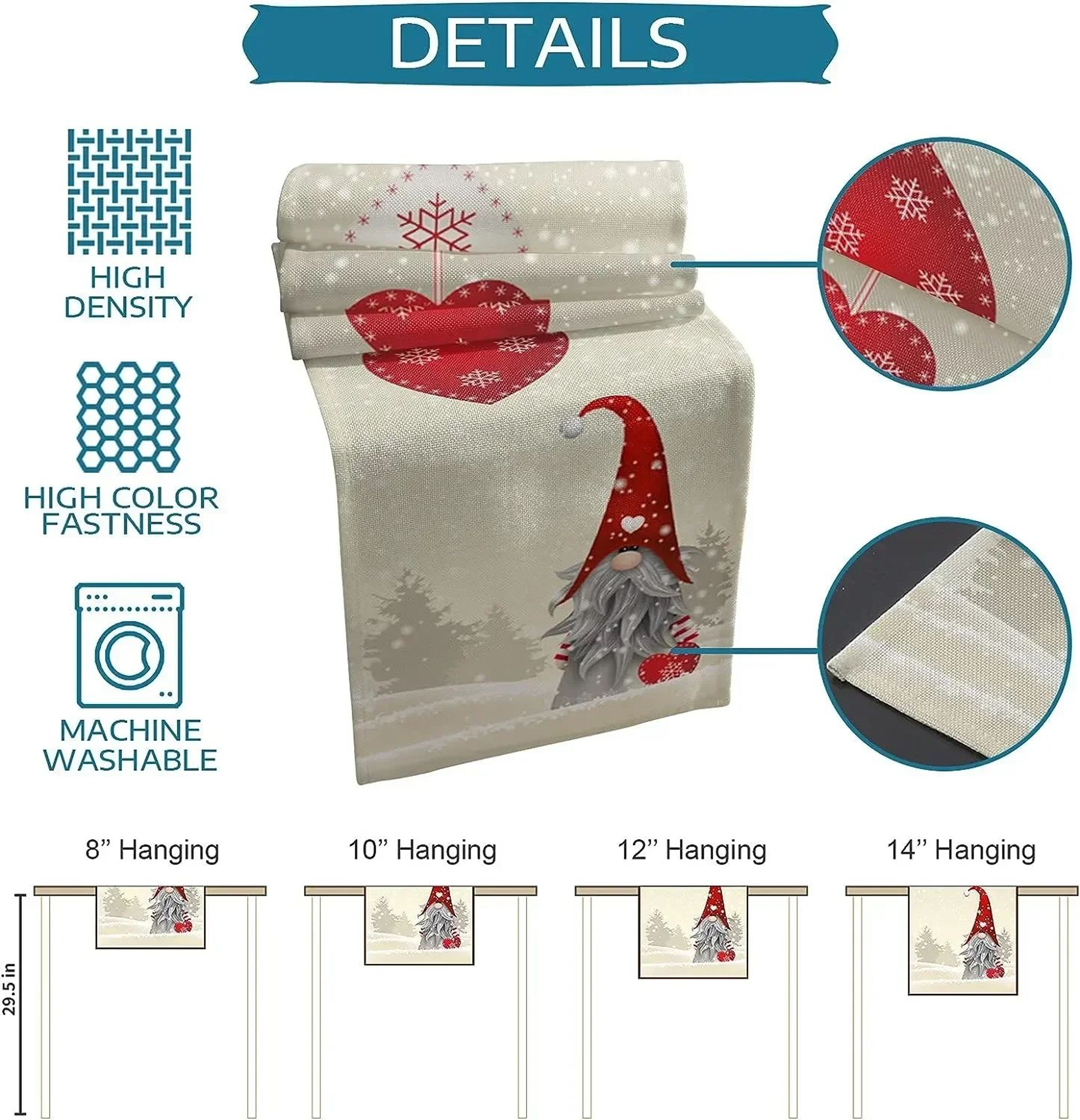 Christmas Gnome Linen Table Runner Snowflake Heart Holiday Farmhouse Dining Decor 4