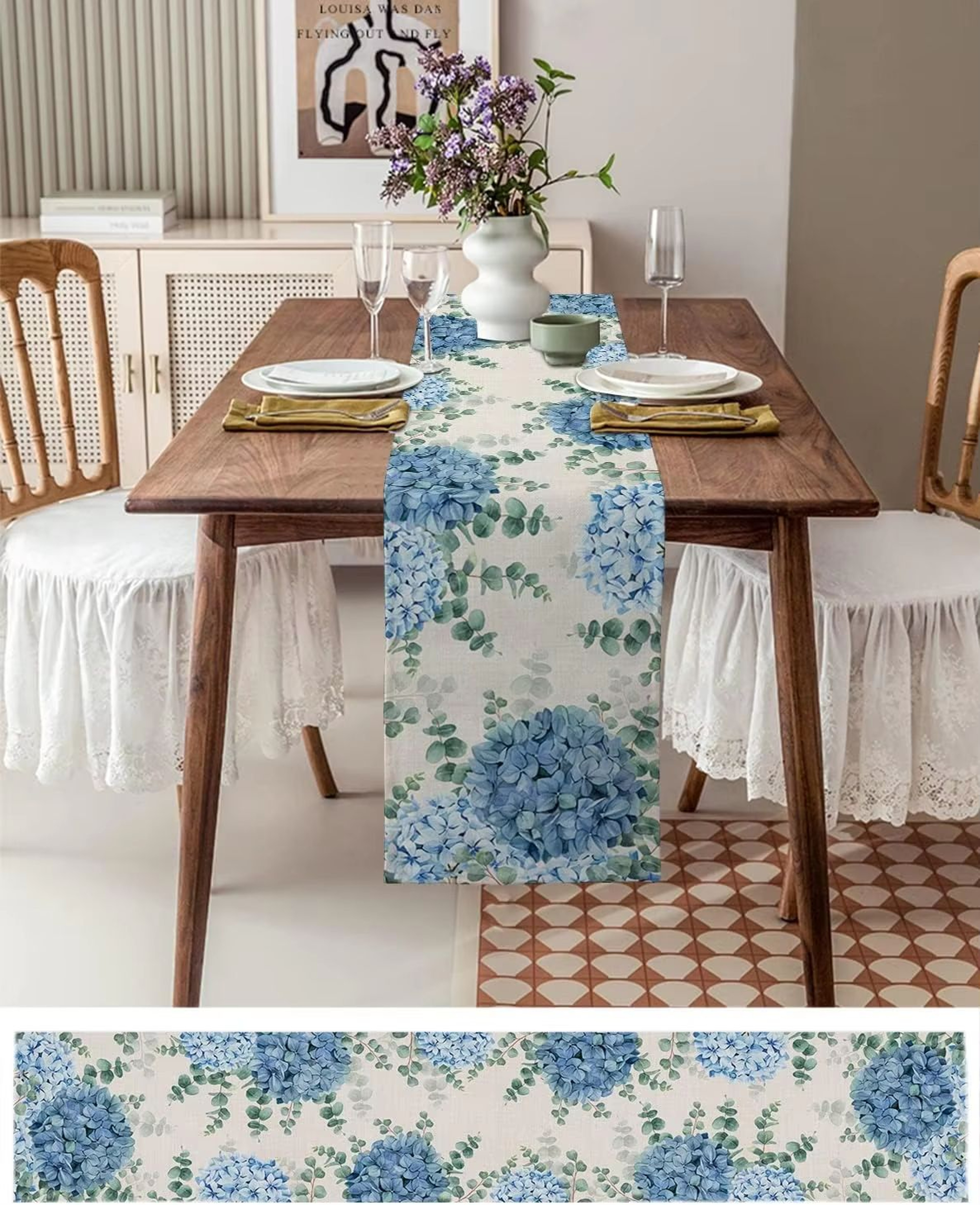 Blue Hydrangea Eucalyptus Linen Table Runner Farmhouse Floral Dining Decor 4