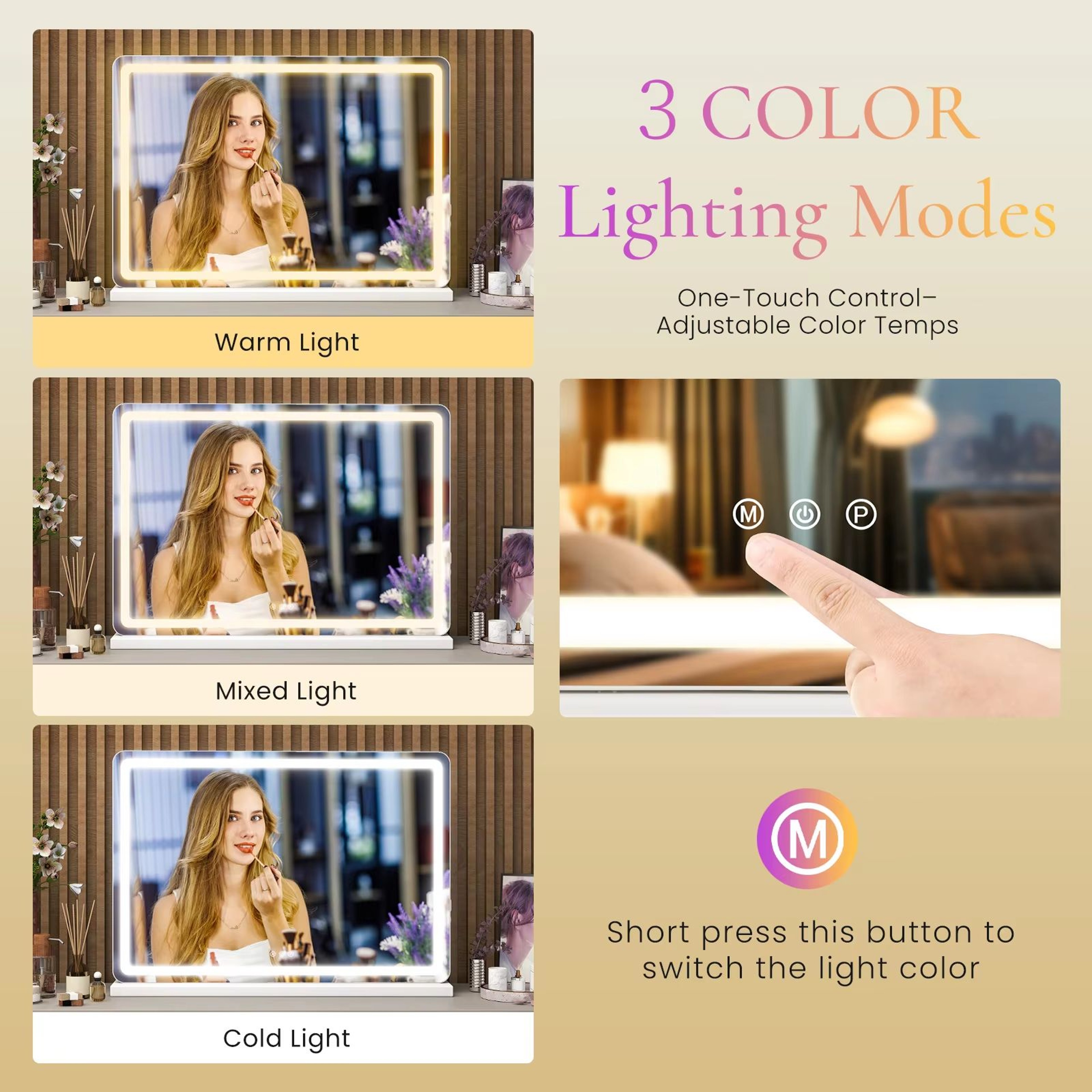 LED Vanity Mirror With Lights Aluminum Frame 3 Color Dimmable Makeup Mirror 4