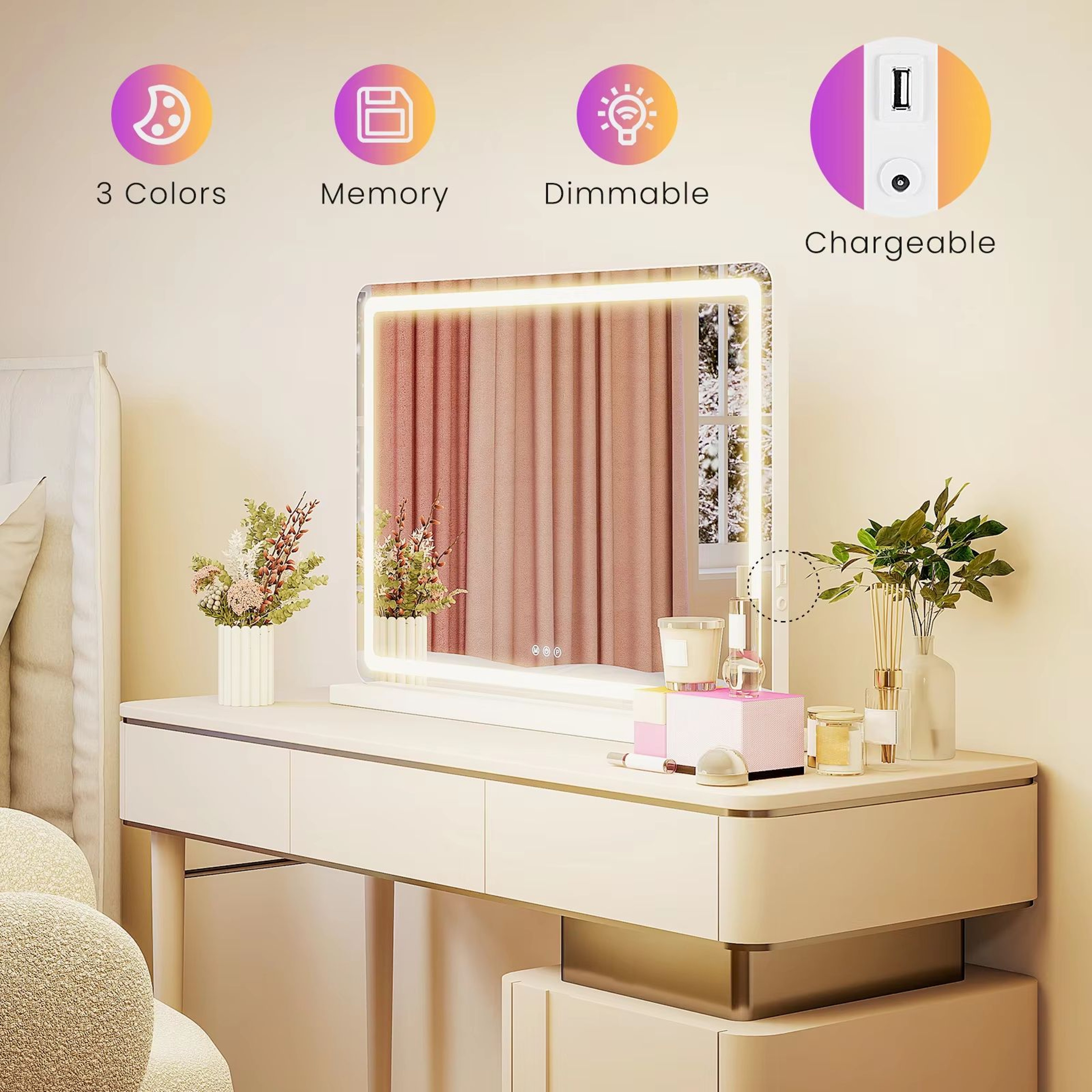 LED Vanity Mirror With Lights Aluminum Frame 3 Color Dimmable Makeup Mirror 5
