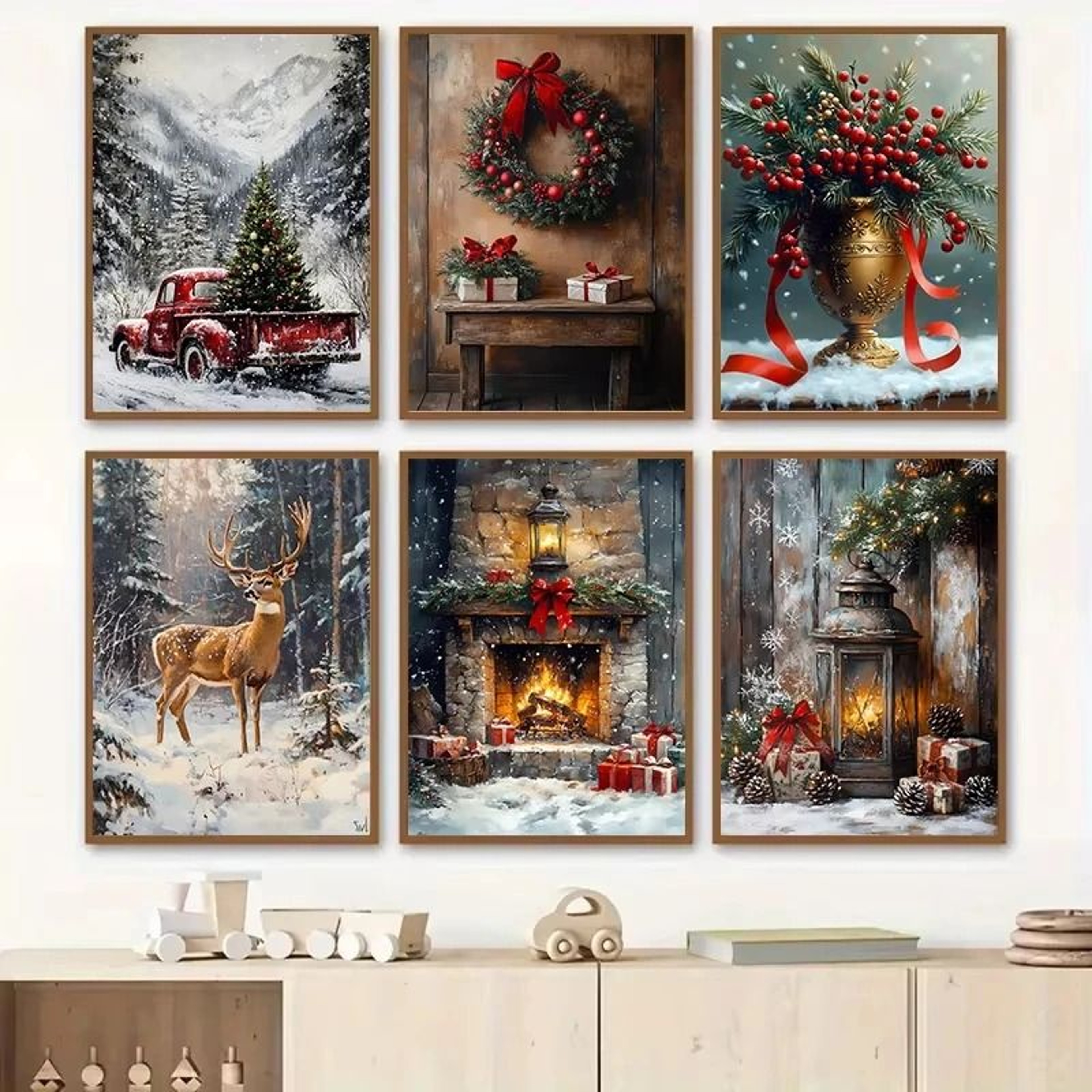 Vintage Red Truck Christmas Canvas Wall Art Nordic Winter Scene With Reindeer Decor 0