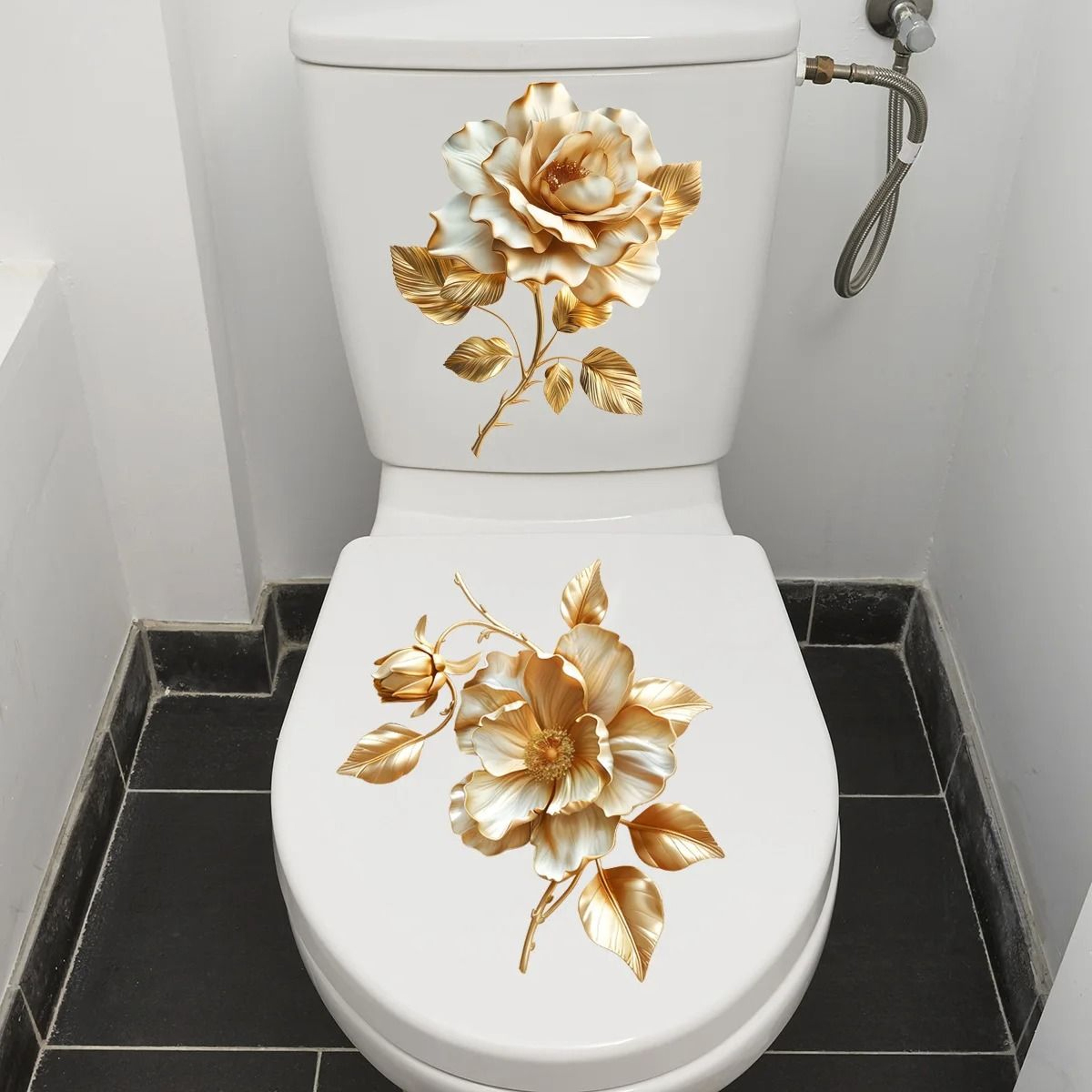 Elegant Golden Flower Toilet Sticker Waterproof Bathroom Cover Decal 10