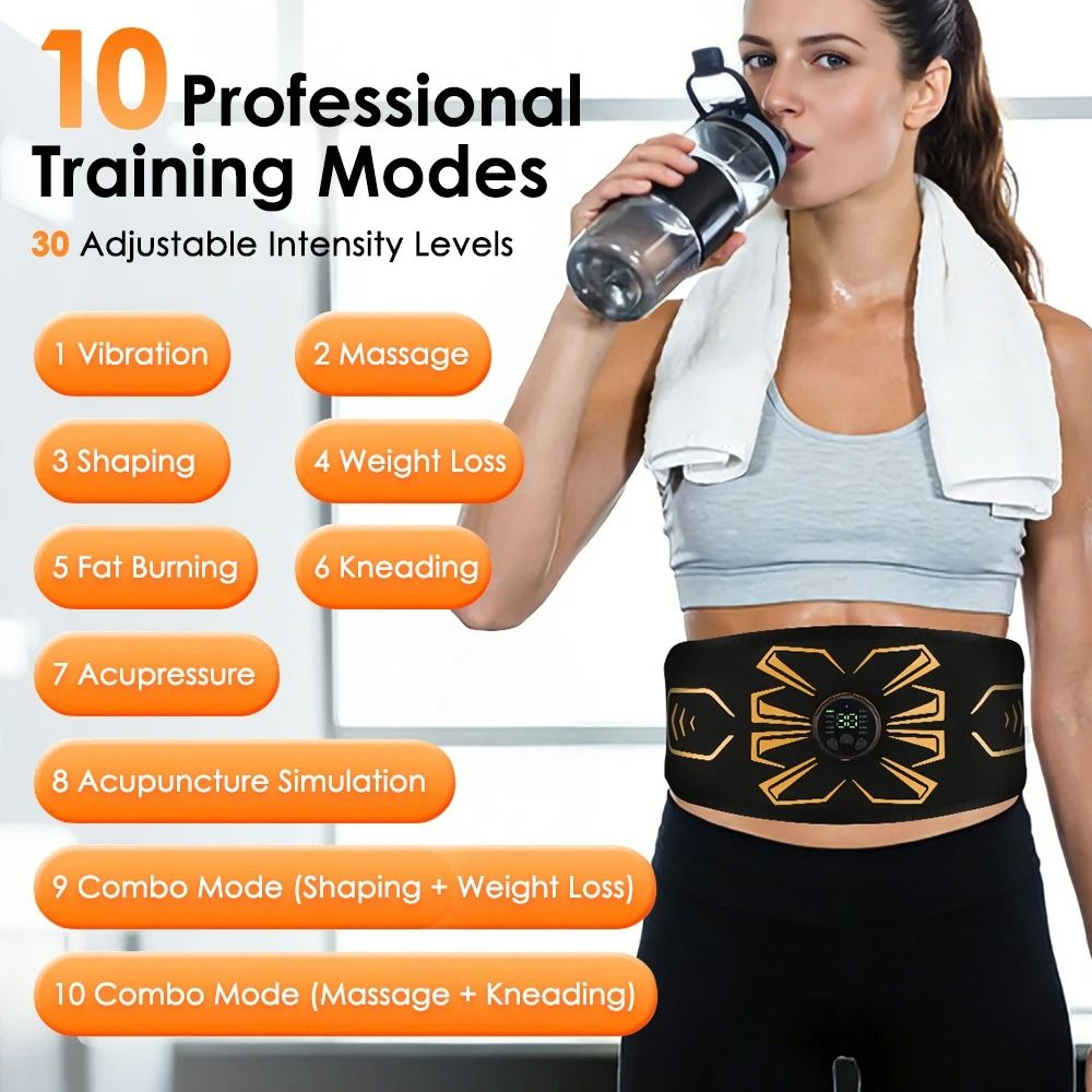 EMS Abdominal Muscle Stimulator Belt With 10 Electrodes 10 Modes 30 Intensity Levels Rechargeable A 4